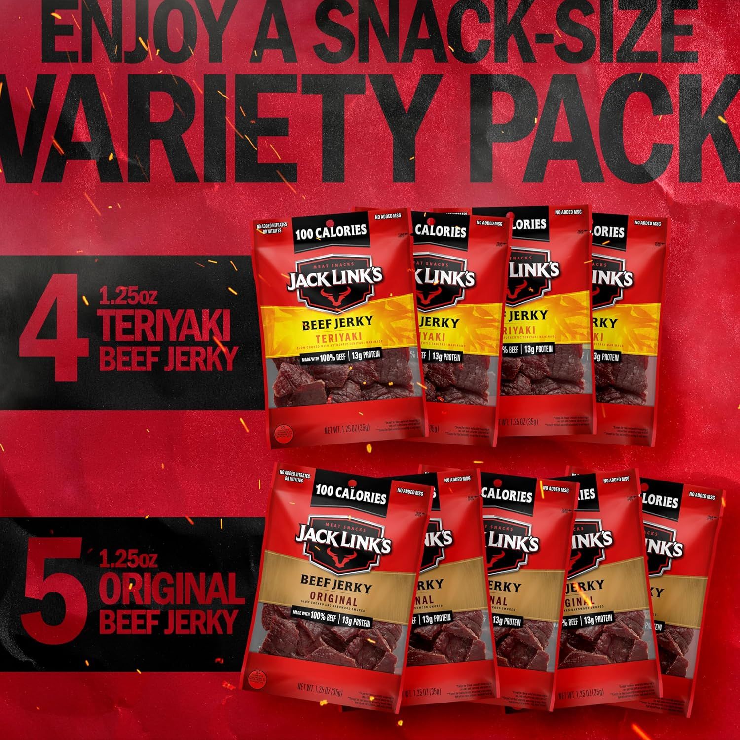Shows shoppers exactly what they receive in the variety pack: 4 Teriyaki and 5 Original beef jerky pouches, helping them understand the bundle composition and flavor distribution.