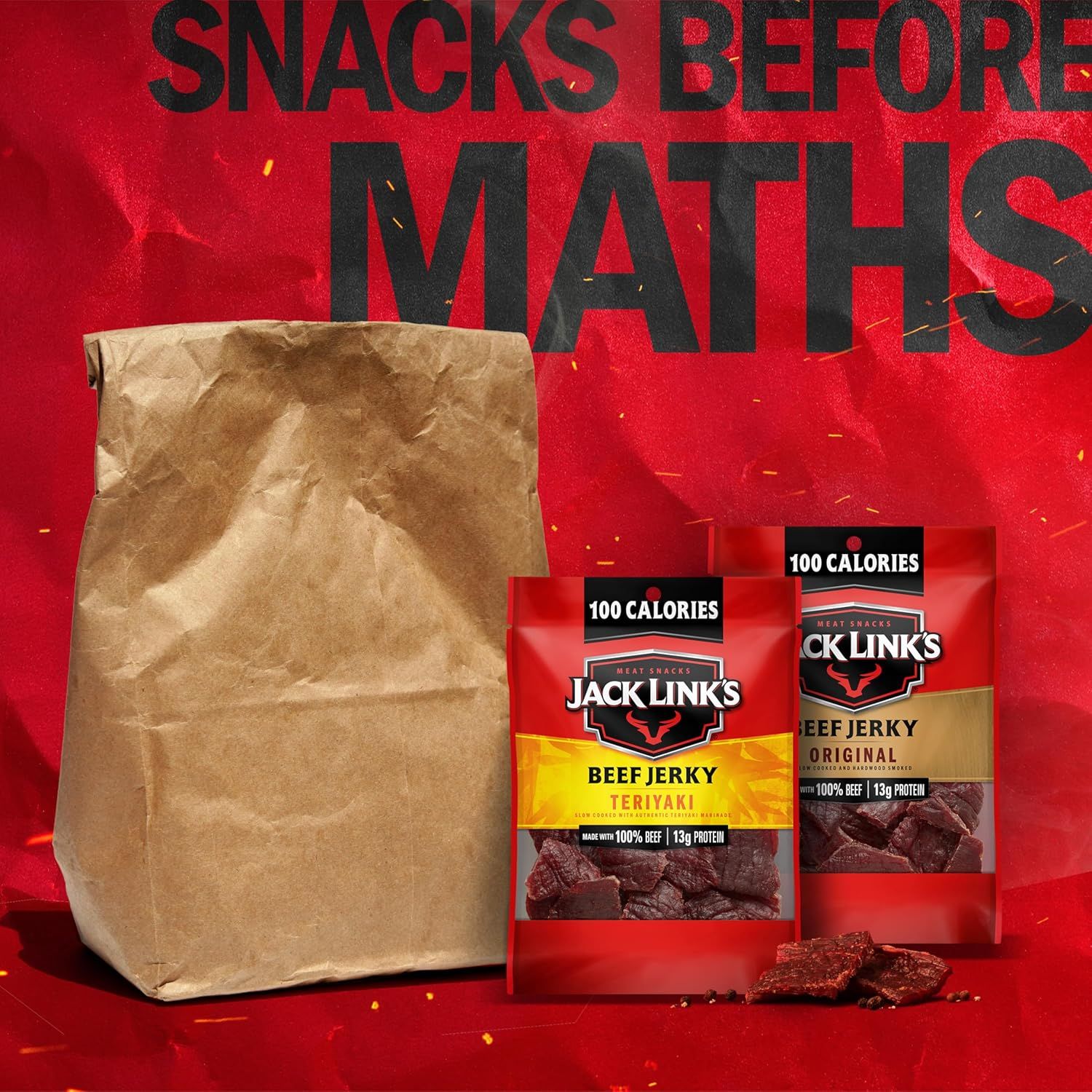Communicates that Jack Link's beef jerky is a smart, guilt-free snack choice before math class or any activity, emphasizing the 100-calorie portion and high protein content.
