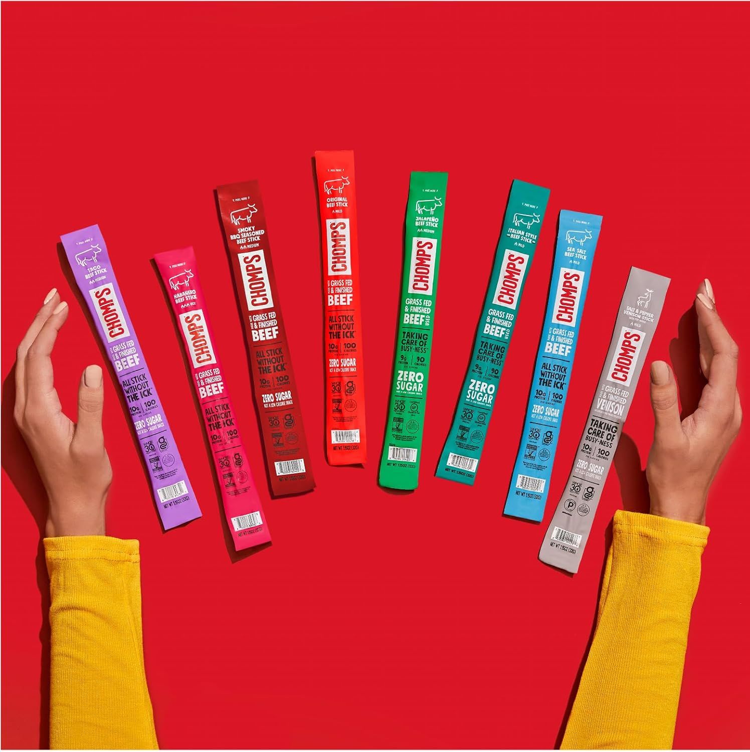 Displays the full range of CHOMPS beef stick flavors and variants available, helping shoppers understand the brand's product lineup and choose their preferred option.
