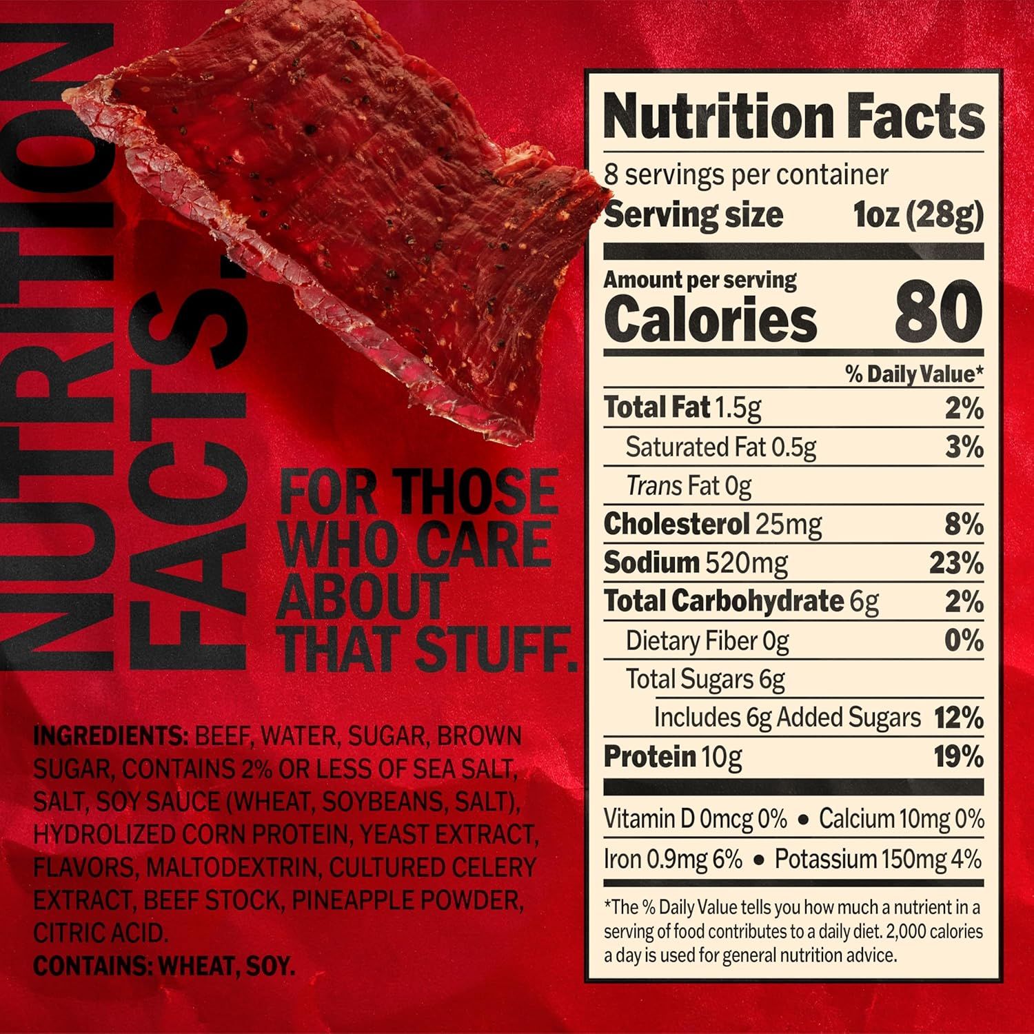Communicates the product's nutritional profile with detailed facts panel, emphasizing multiple health benefits including low calories (80), high protein (10g), and low fat content to appeal to…