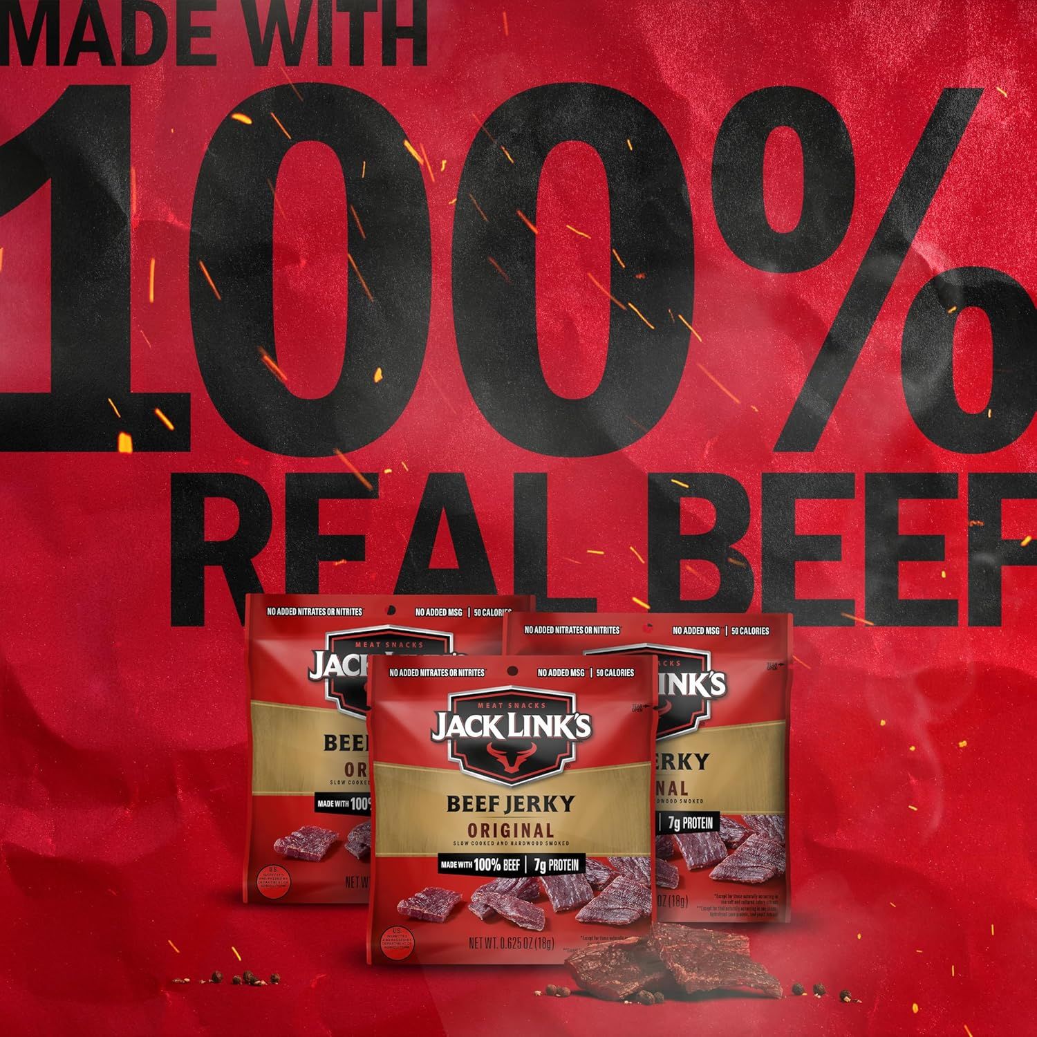 Emphasizes the product's quality ingredient claim (100% real beef) and protein content to communicate nutritional value and authenticity to health-conscious shoppers. Reinforces the core benefit of…