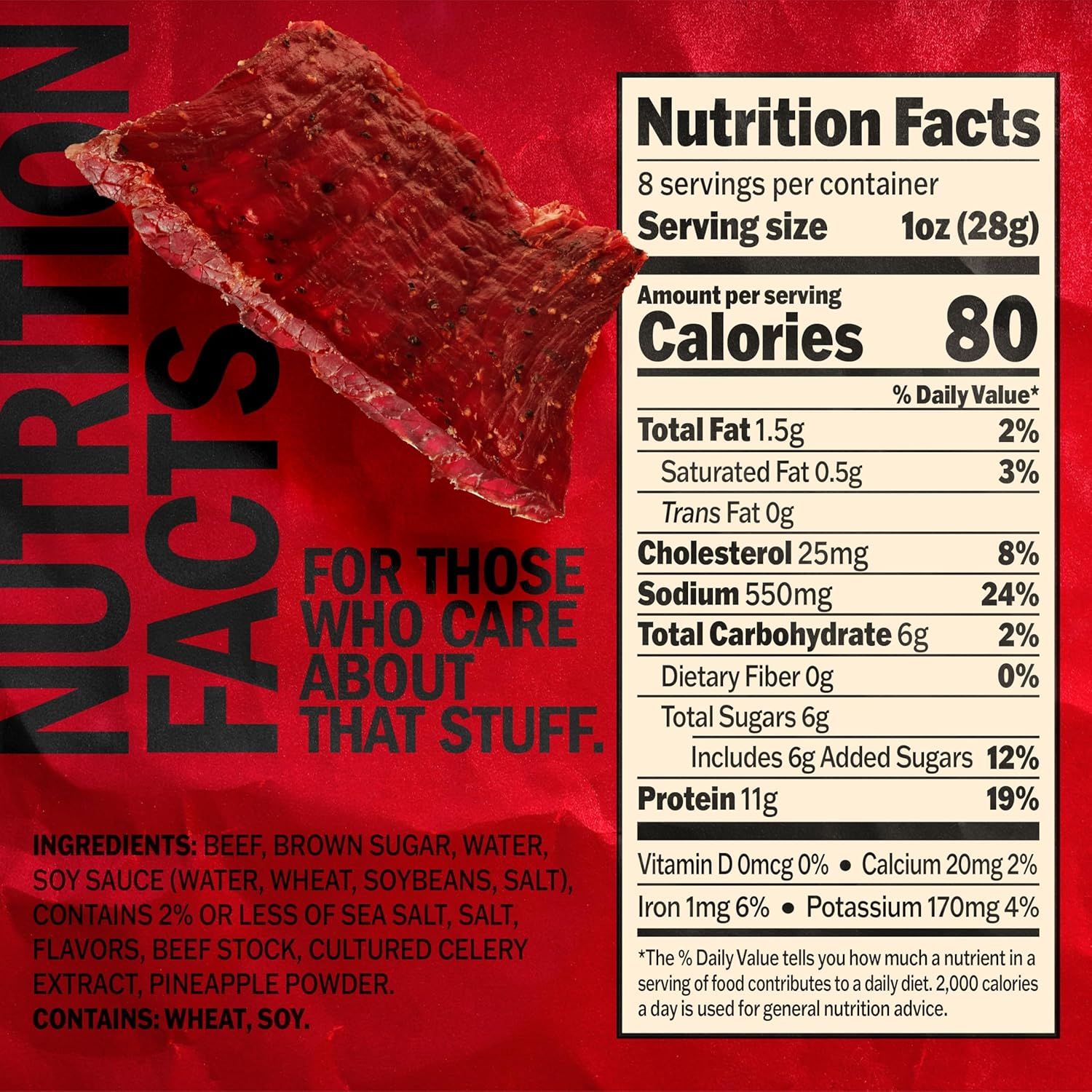 Communicates detailed nutritional information and ingredient transparency to help health-conscious shoppers make informed purchasing decisions about the beef jerky product.