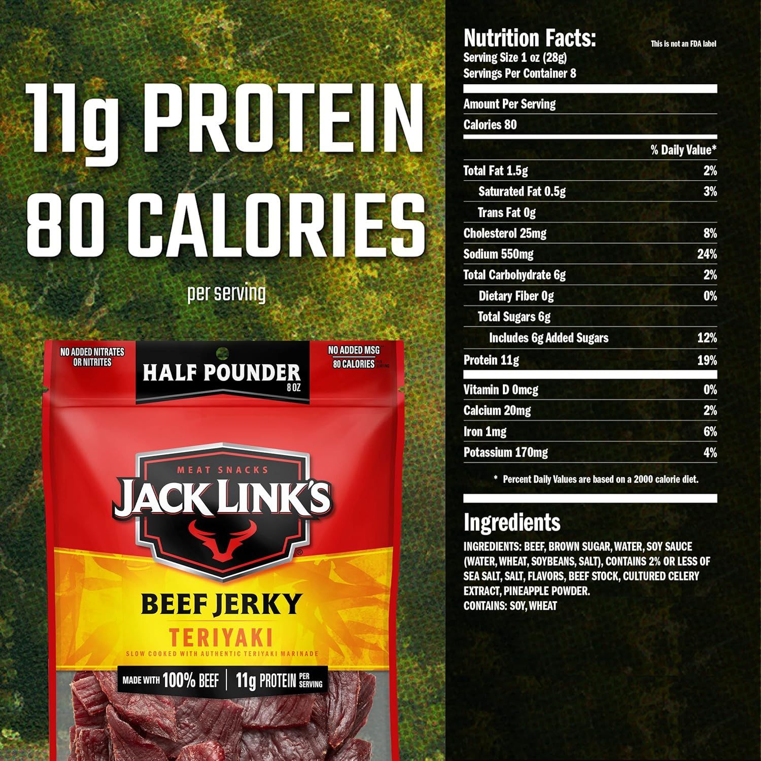 Highlights the product's high protein content (11g) and low calorie count (80 calories) per serving to appeal to health-conscious and fitness-focused shoppers. Communicates the core nutritional…