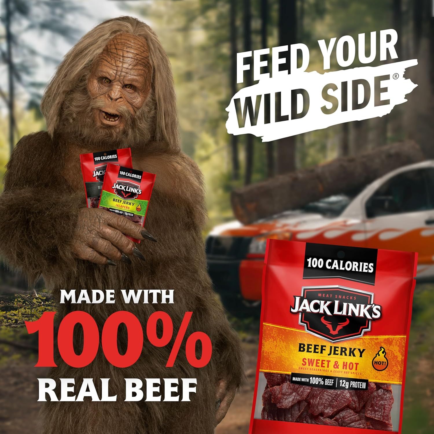 Communicates multiple key product benefits including ingredient quality (100% real beef), low calorie count, and high protein content to appeal to health-conscious snackers looking for a natural,…