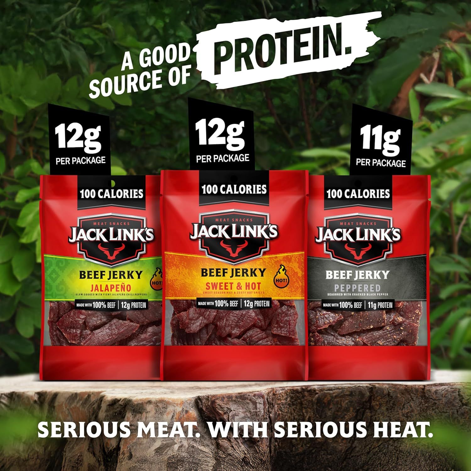 Showcases the Jack Link's beef jerky product line with three flavor variants side-by-side, emphasizing the brand's variety and consistent nutritional benefits across the range. Highlights the…