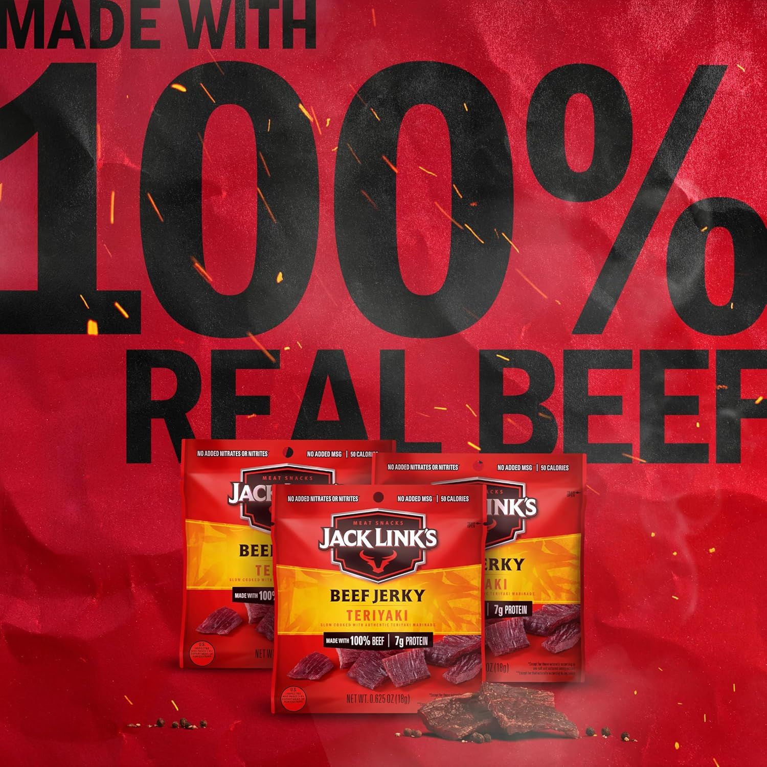 Communicates that the product is made with 100% real beef, emphasizing quality and authenticity to reassure shoppers about the ingredient composition.