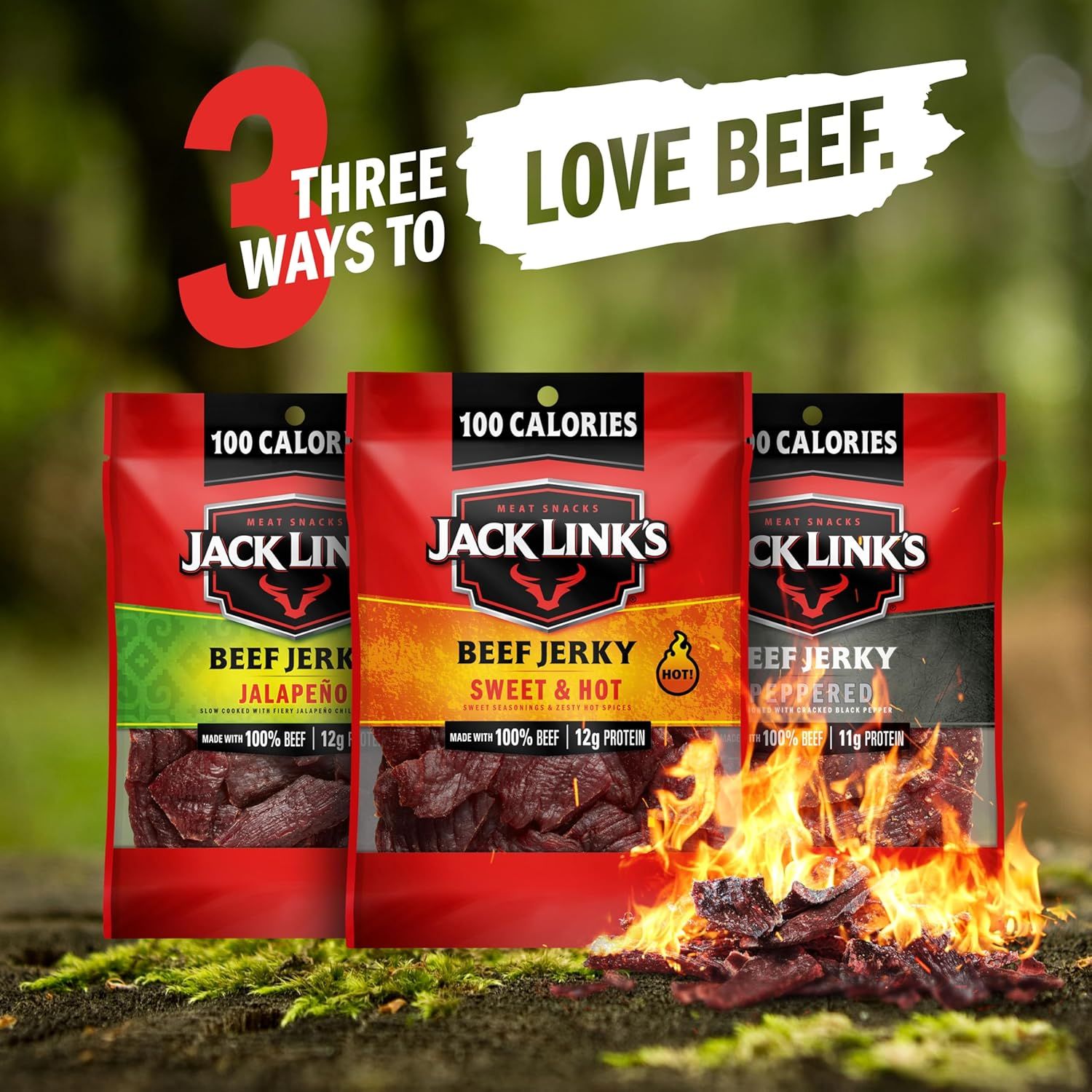 Showcases the brand's beef jerky product line with three flavor options to help shoppers understand the variety available and choose their preferred flavor.