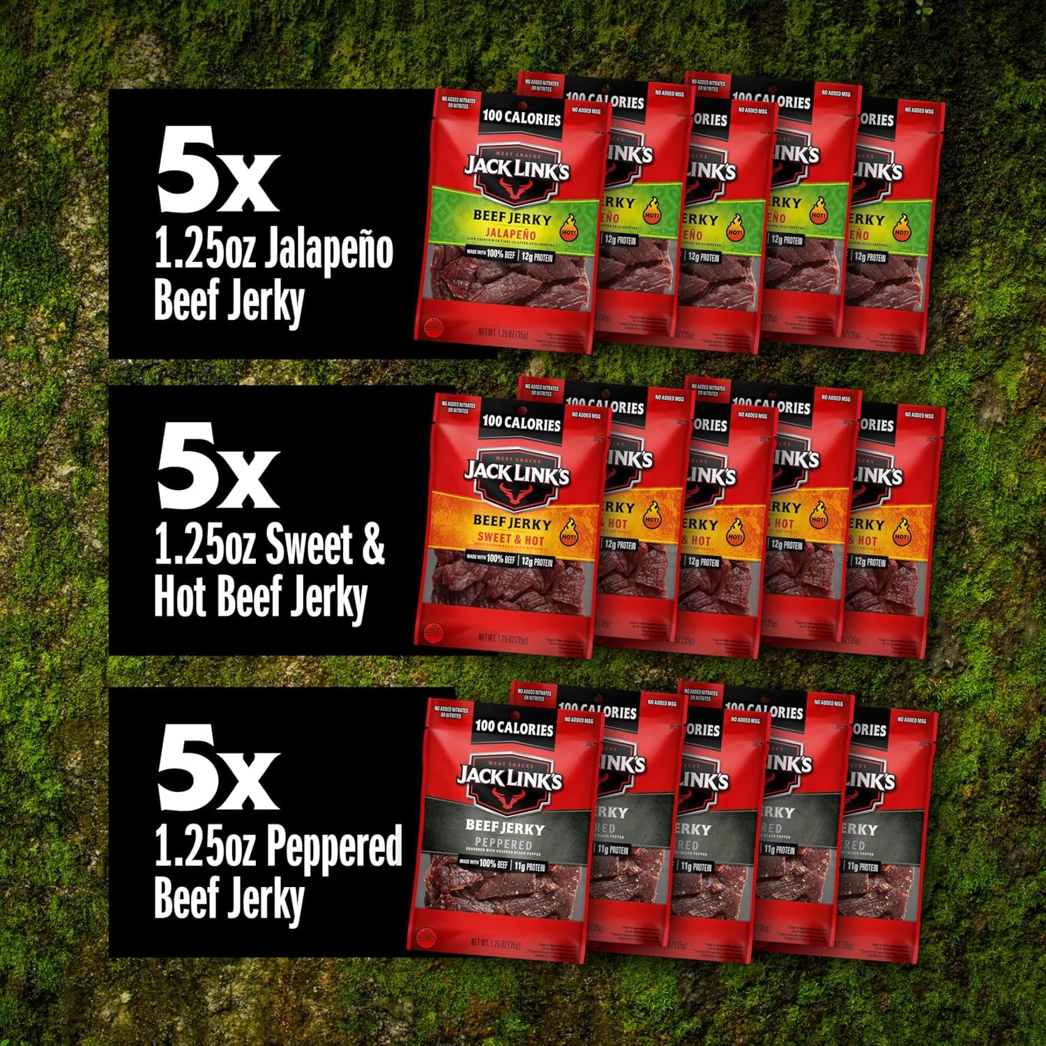 Shows the customer exactly what they receive in the bundle: 5 packs each of three different beef jerky flavors (Jalapeño, Sweet & Hot, and Peppered), helping them understand the variety and quantity…