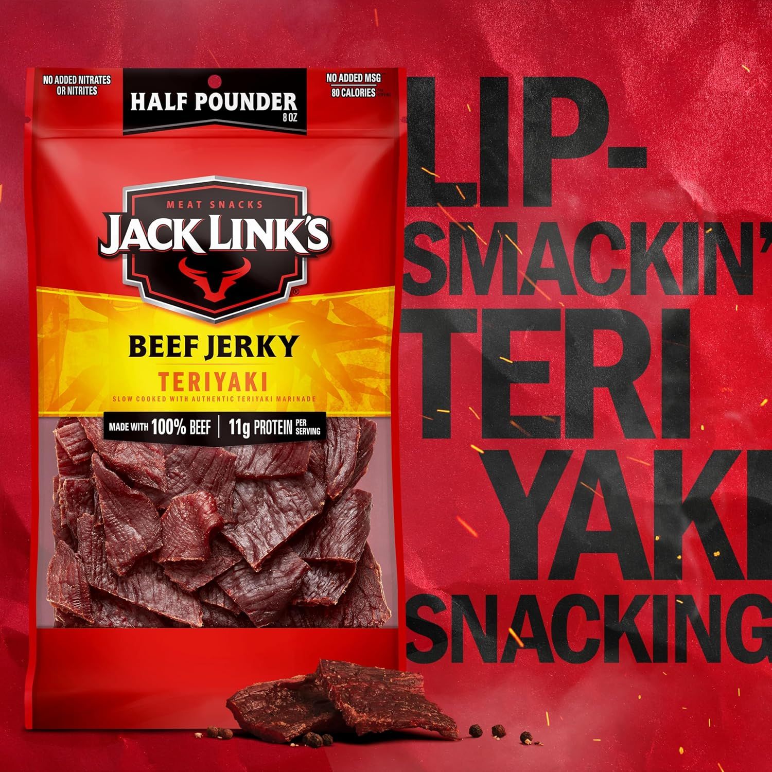 Showcases the Teriyaki flavor variant of Jack Link's beef jerky with bold branding and appetite appeal to attract shoppers looking for this specific flavor profile.