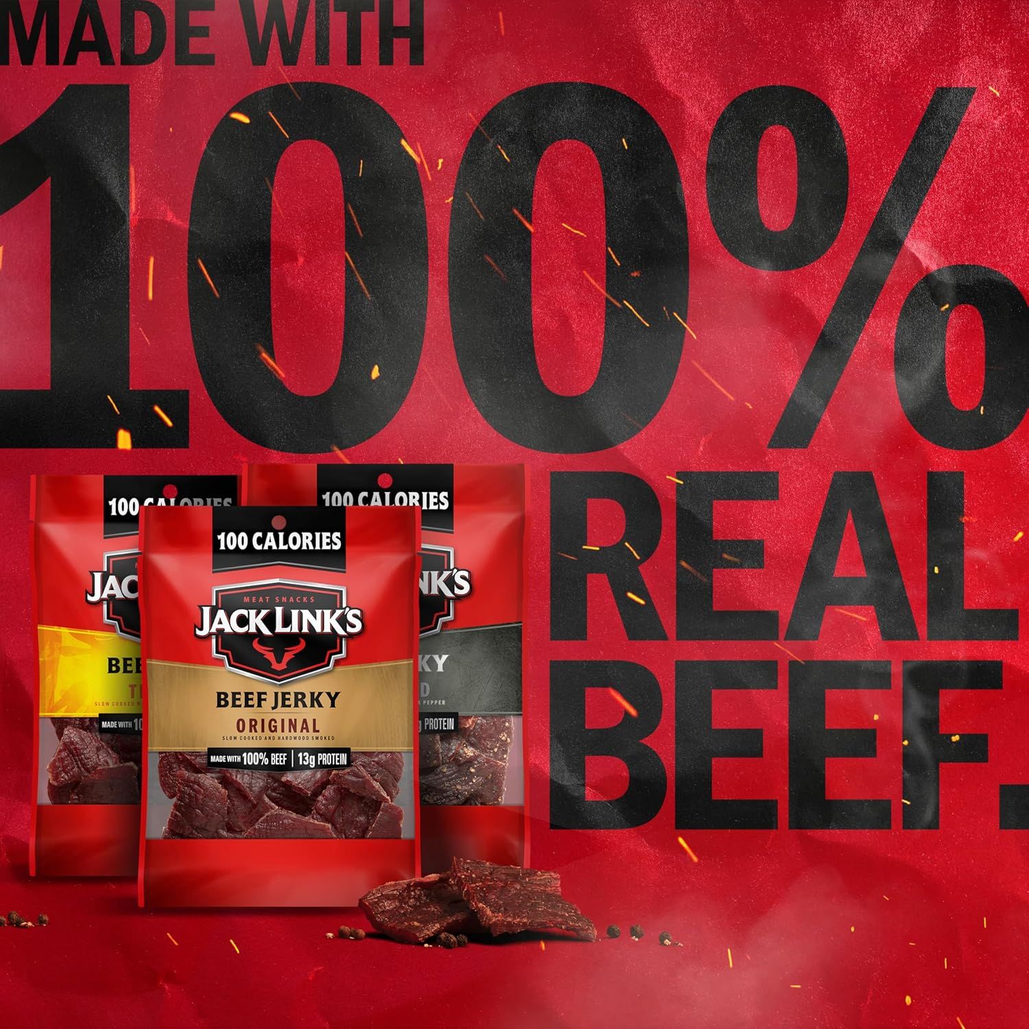 Communicates the product's quality and nutritional value by emphasizing it's made with 100% real beef, contains only 100 calories, and provides 13g of protein per serving.
