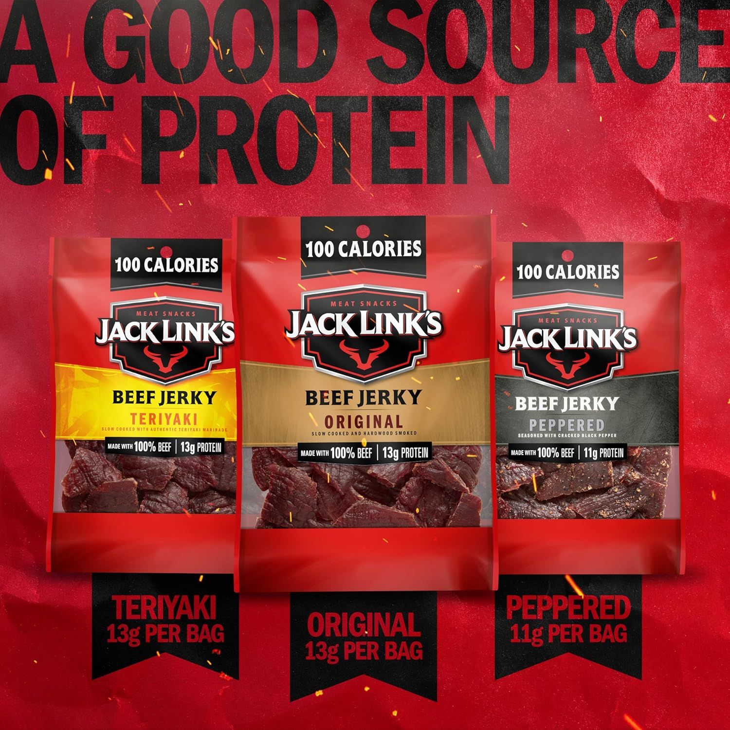 Displays the brand's product lineup side-by-side, showcasing three different beef jerky flavors (Teriyaki, Original, Peppered) to help shoppers understand the variety available and choose their…
