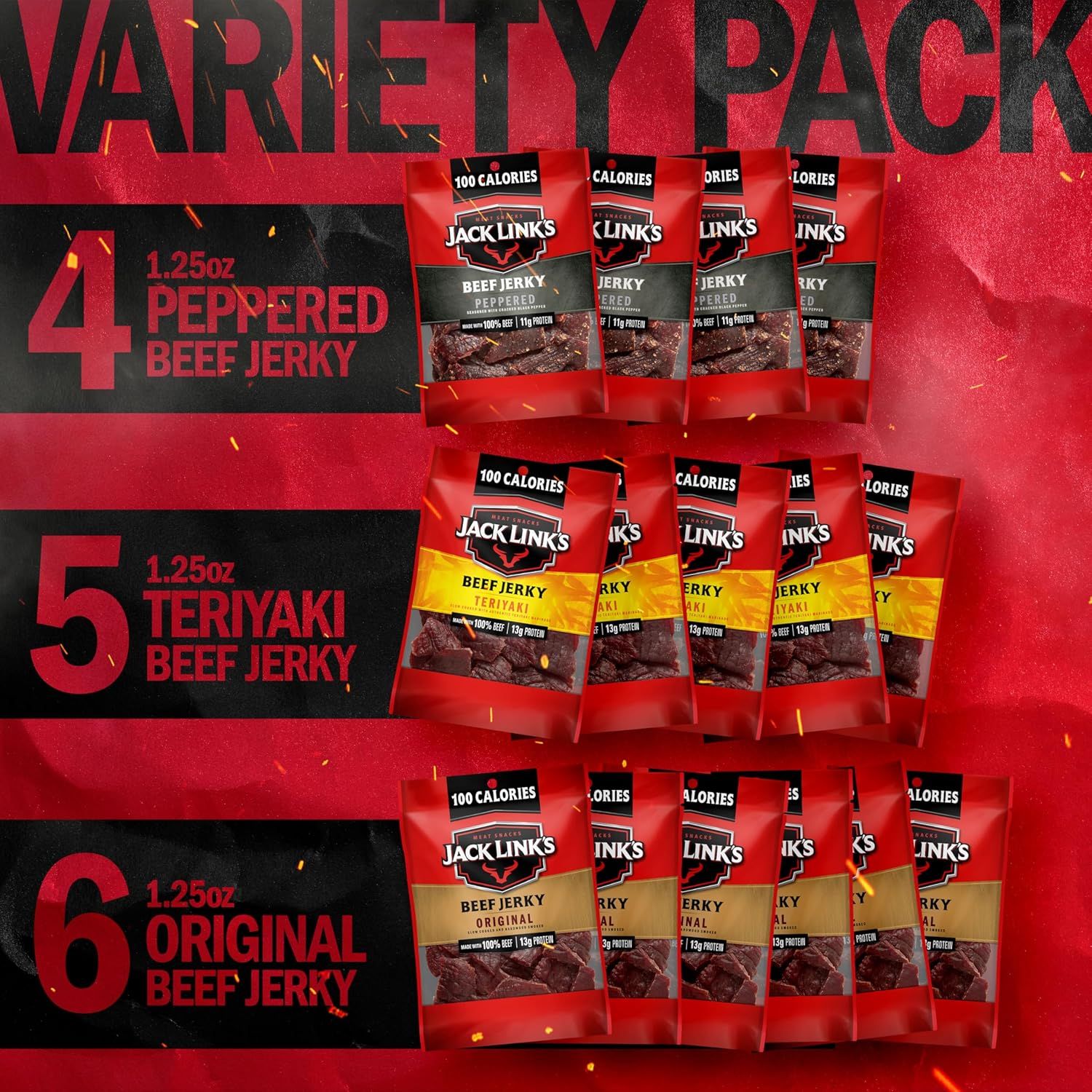 Displays the brand's product lineup showing three different flavor options (Peppered, Teriyaki, Original) in a variety pack format, helping shoppers understand the available choices and quantity…