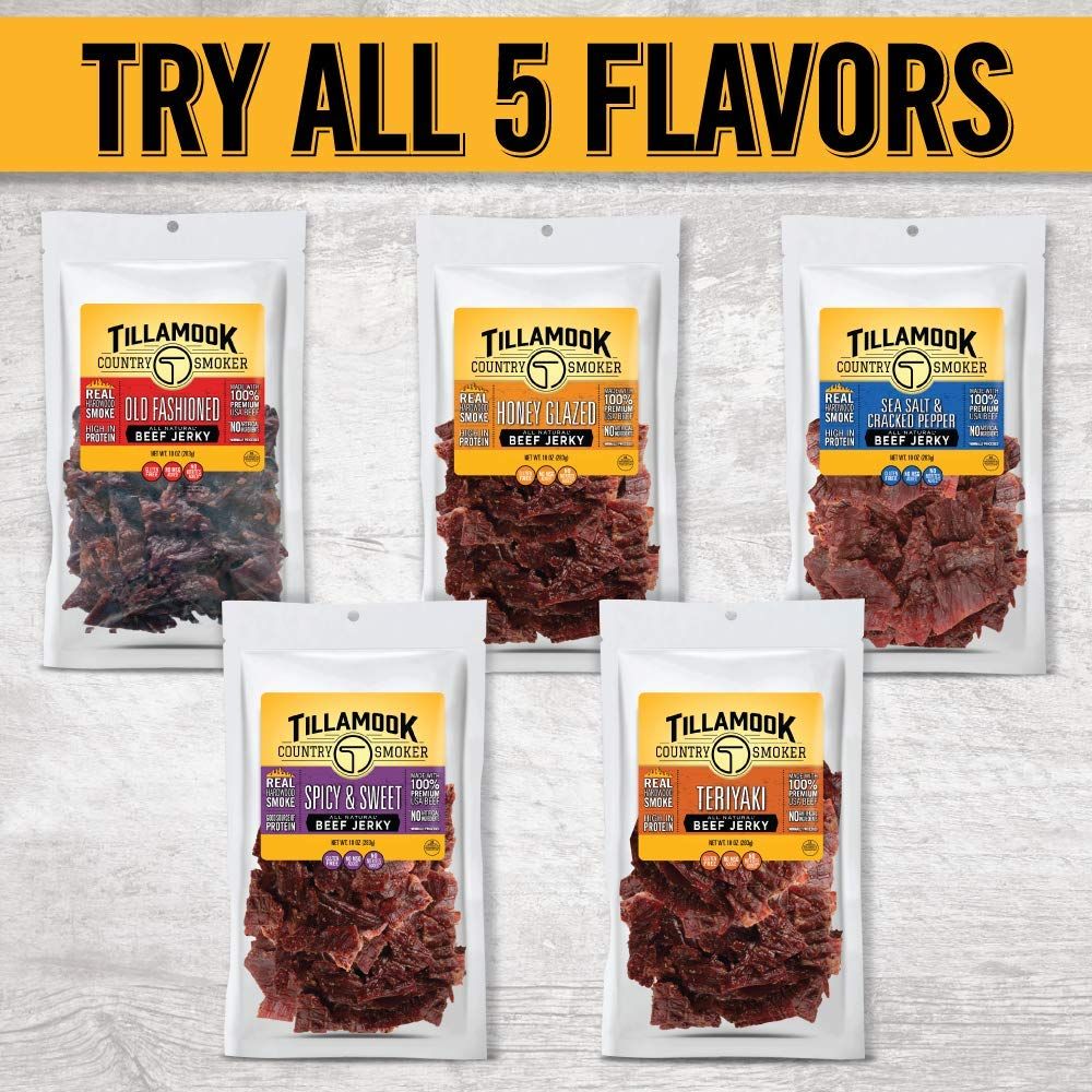 Showcases the brand's complete beef jerky product line with all five available flavors, encouraging shoppers to explore the full variety and try multiple options.