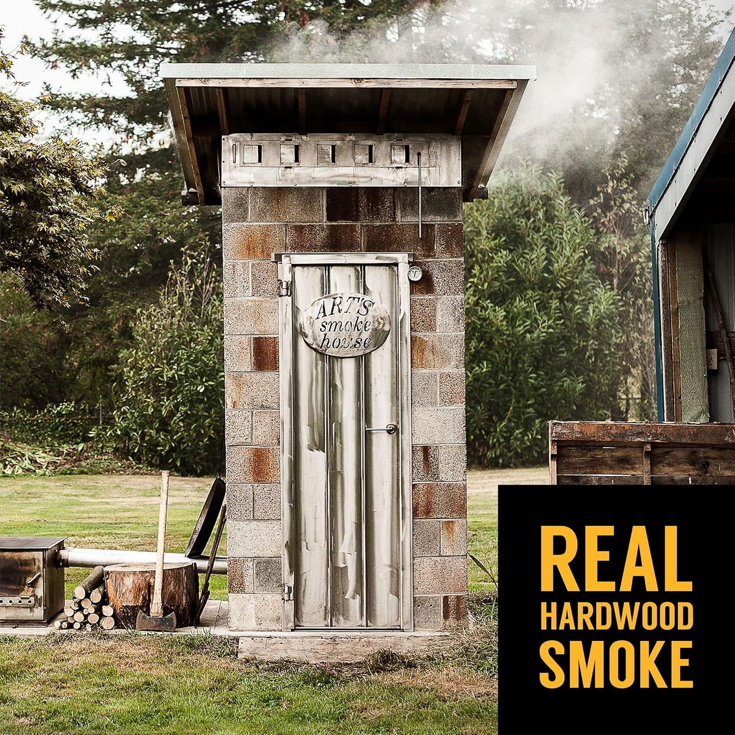 Communicates that the smokehouse uses authentic hardwood smoke, emphasizing the product's traditional, high-quality smoking method to appeal to shoppers seeking genuine flavor and craftsmanship.