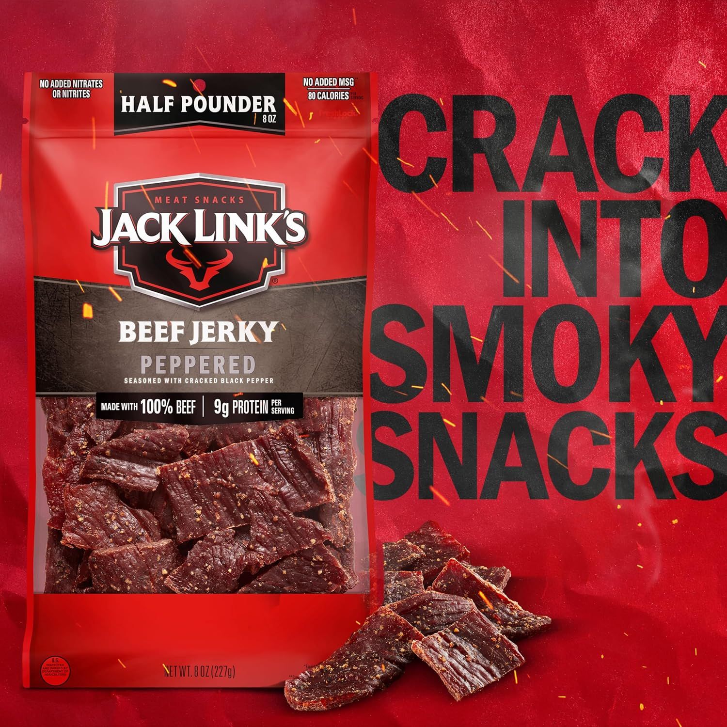 Communicates multiple product benefits including health-conscious ingredients (no nitrates, no MSG), nutritional value (low calorie, high protein), and quality (100% beef) to appeal to…