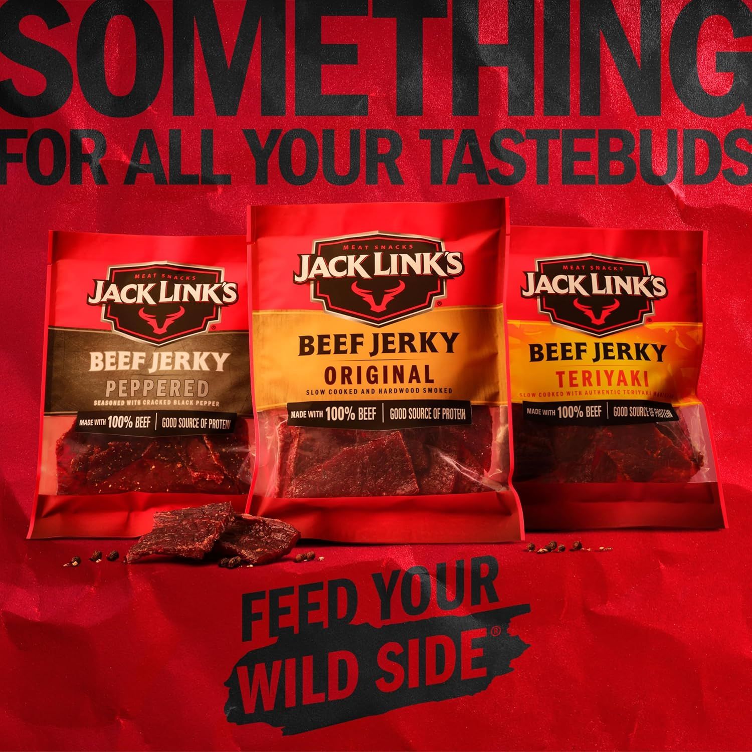 Showcases the Jack Link's brand and its product lineup, highlighting multiple flavor options (Peppered, Original, Teriyaki) to help shoppers understand the variety available and reinforce brand…