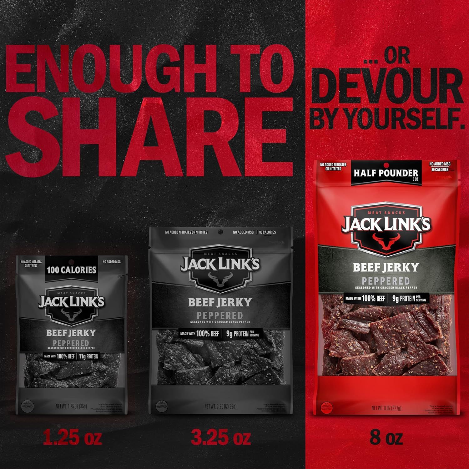 Displays the brand's product portfolio across three different package sizes (1.25 oz, 3.25 oz, and 8 oz) to help shoppers choose the right size option and reinforce brand identity with bold messaging.