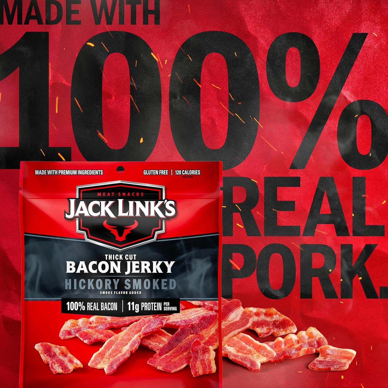 Communicates the product's authenticity and nutritional value by prominently displaying that it's made with 100% real pork and contains 11g of protein per serving, reassuring shoppers about quality…