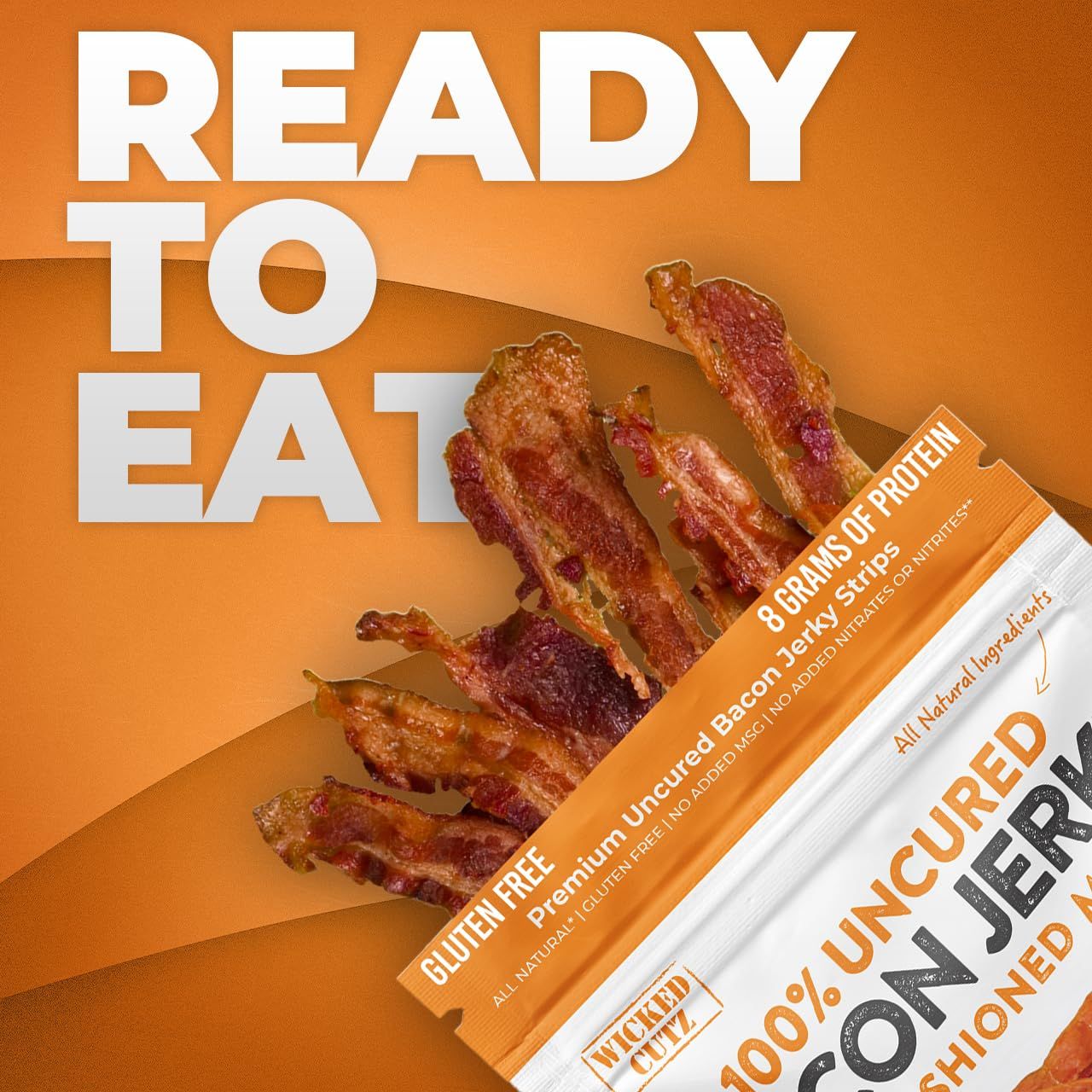 Communicates that the bacon jerky strips are ready to eat immediately, emphasizing convenience and ease of consumption for on-the-go snacking.