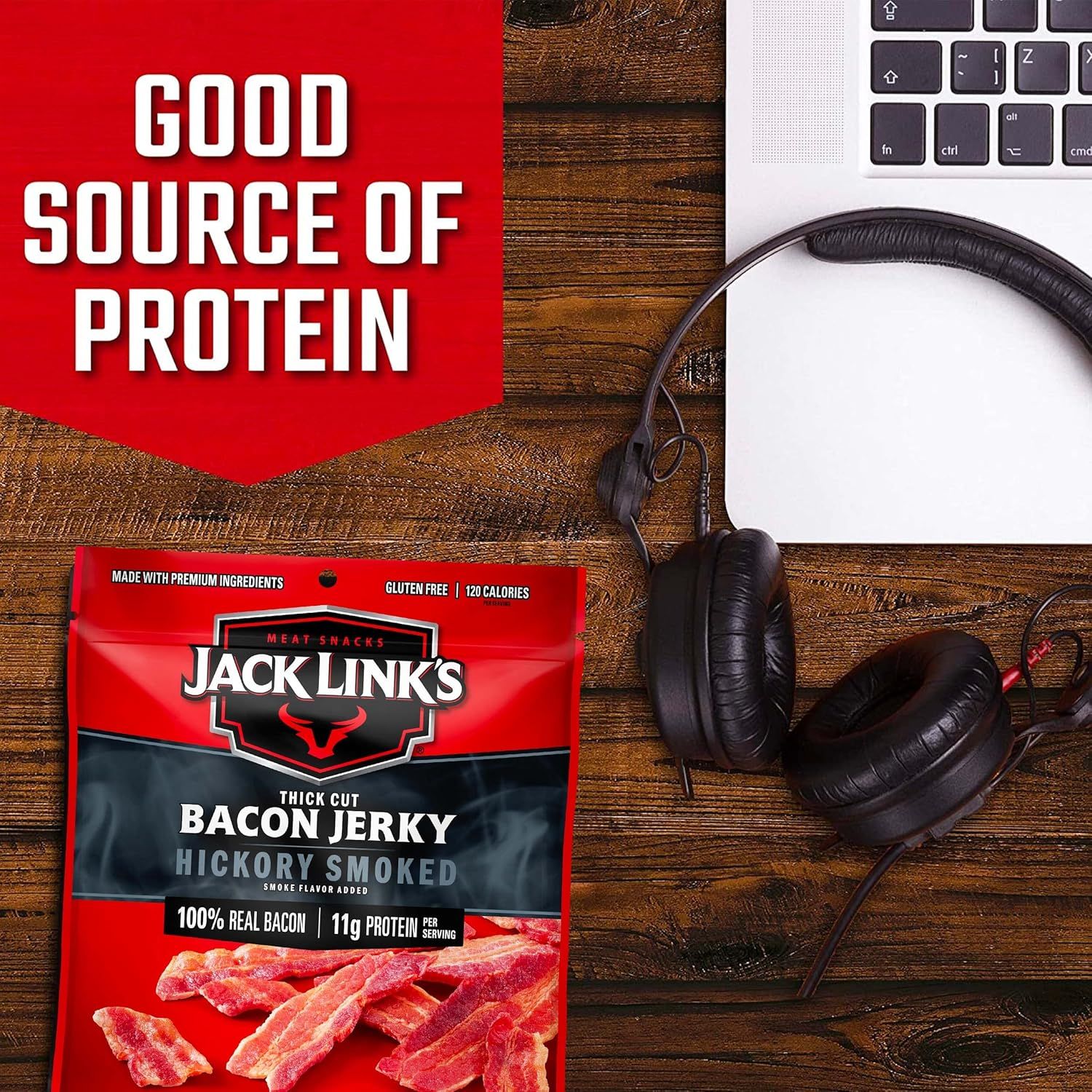 Communicates that the product is a good source of protein, appealing to health-conscious consumers and those seeking convenient protein snacks.
