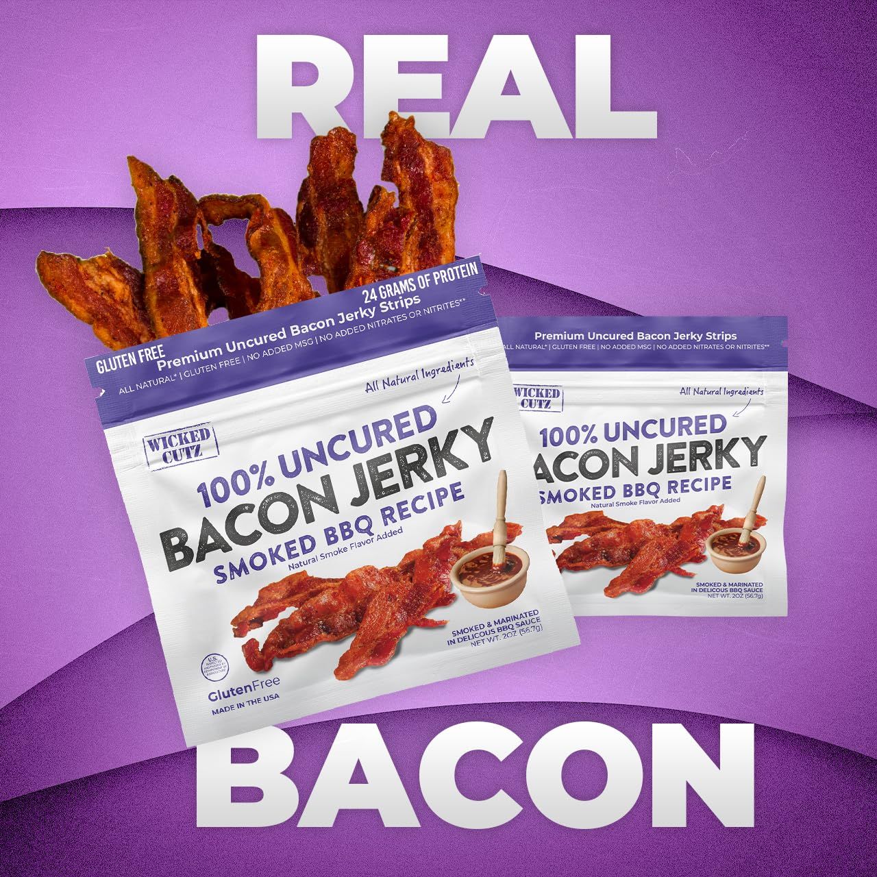 Emphasizes the authenticity and premium quality of the product by showcasing that it is made from real bacon, reassuring shoppers about the genuine nature of the ingredients.