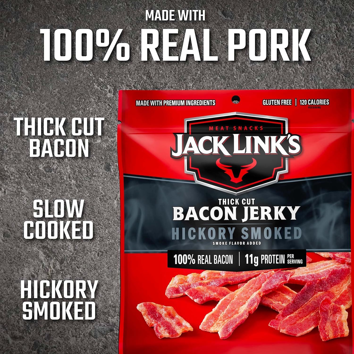 Communicates multiple distinct product benefits and features in a segmented layout to showcase the quality ingredients, preparation method, flavor profile, and nutritional advantages of the bacon…