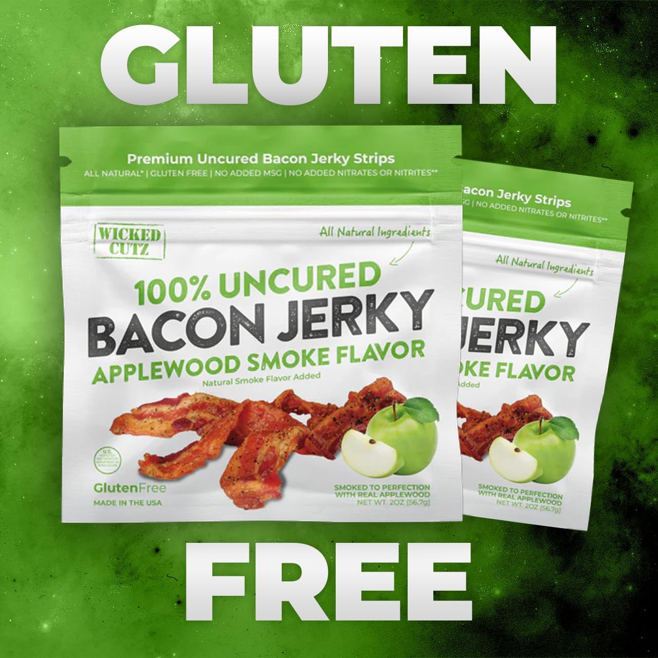 Emphasizes that the bacon jerky is gluten-free, reassuring shoppers with dietary restrictions or preferences that this product is safe and suitable for them.
