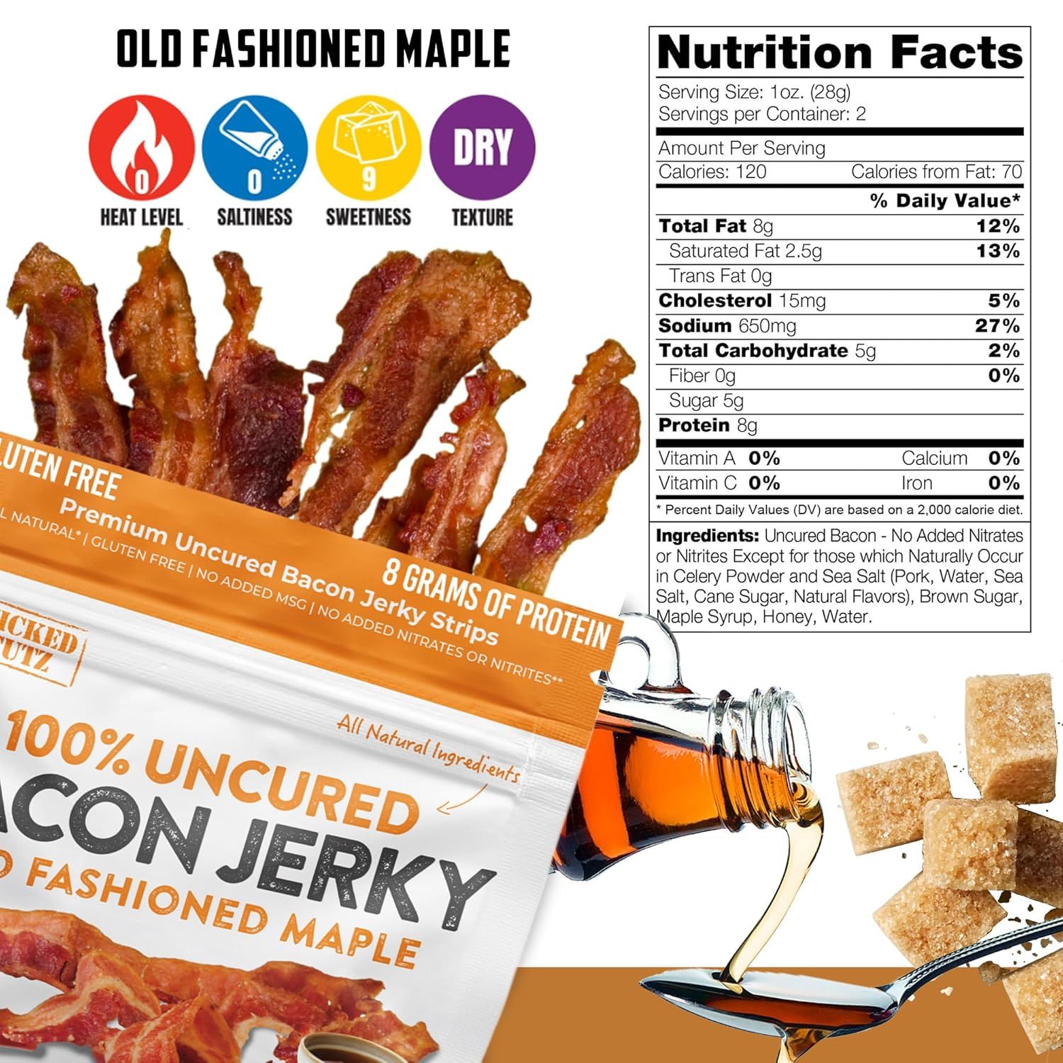 Communicates multiple distinct product attributes and benefits in a segmented layout, including flavor profile icons, dietary claims, and nutritional highlights to help shoppers understand the…