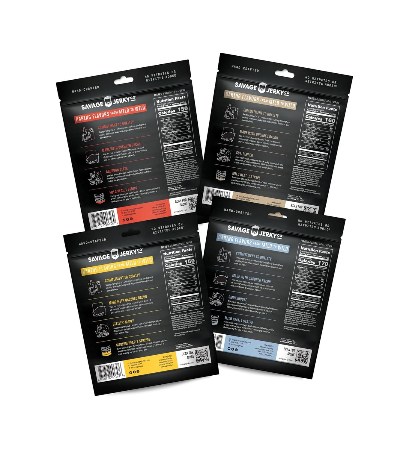 Displays the brand's product lineup showing multiple flavor variants of Savage Jerky Co. to help shoppers understand the range of options available and choose their preferred flavor profile.