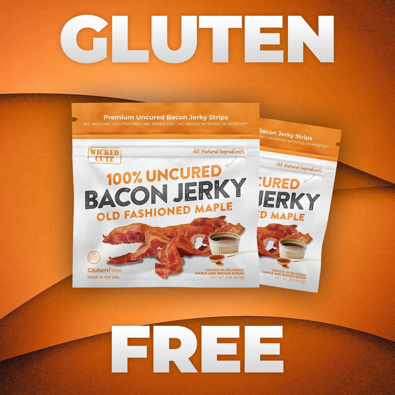 Highlights that the bacon jerky is gluten-free, reassuring shoppers with dietary restrictions that this product is safe for them to consume.