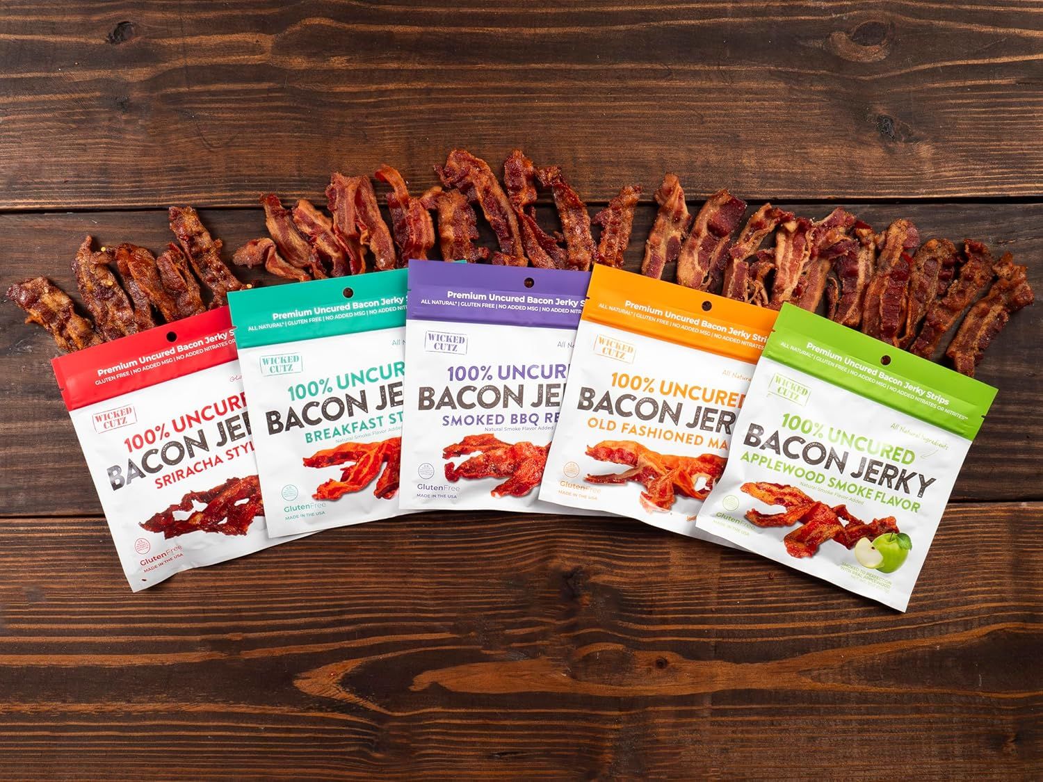Displays the brand's full product lineup of bacon jerky flavors to help shoppers understand the variety available and choose their preferred option.