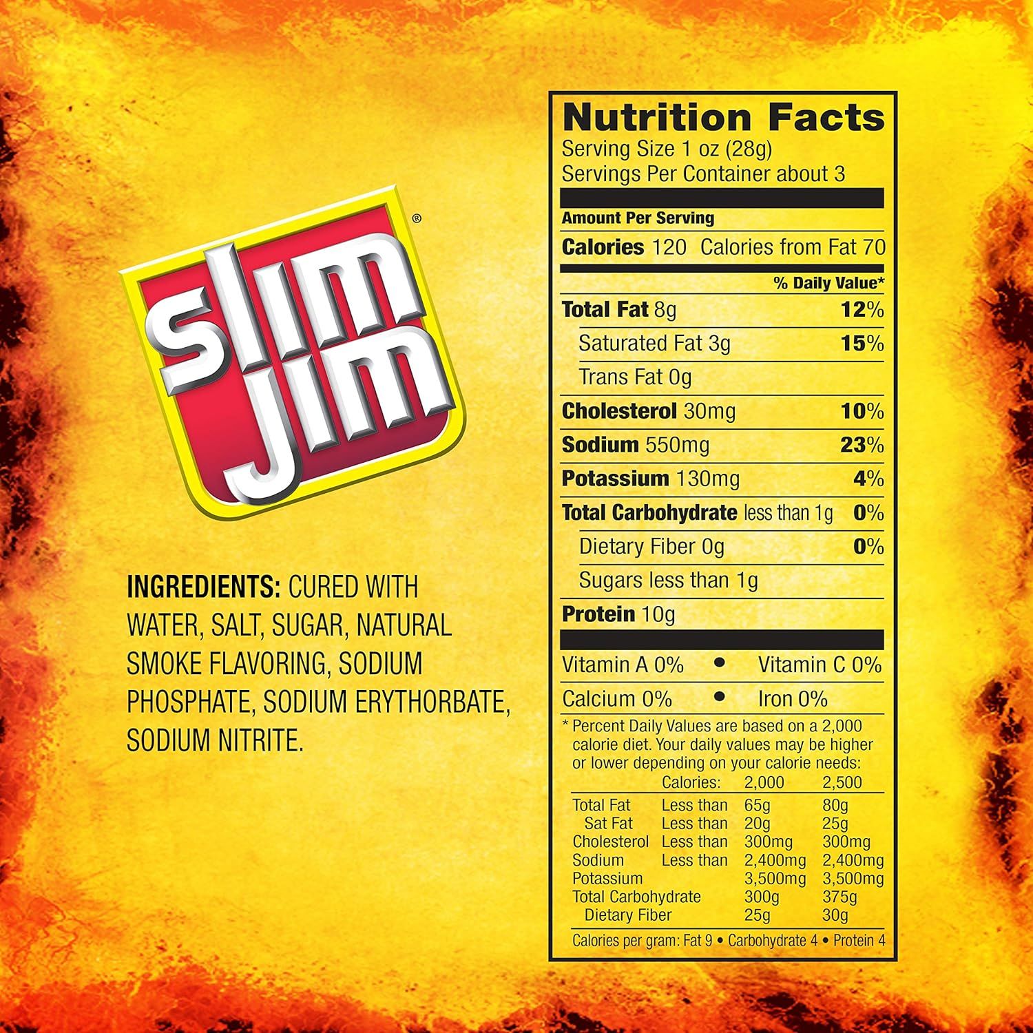 This image provides detailed nutritional information and ingredients for the Slim Jim product, helping shoppers make informed dietary decisions and understand what they're consuming.