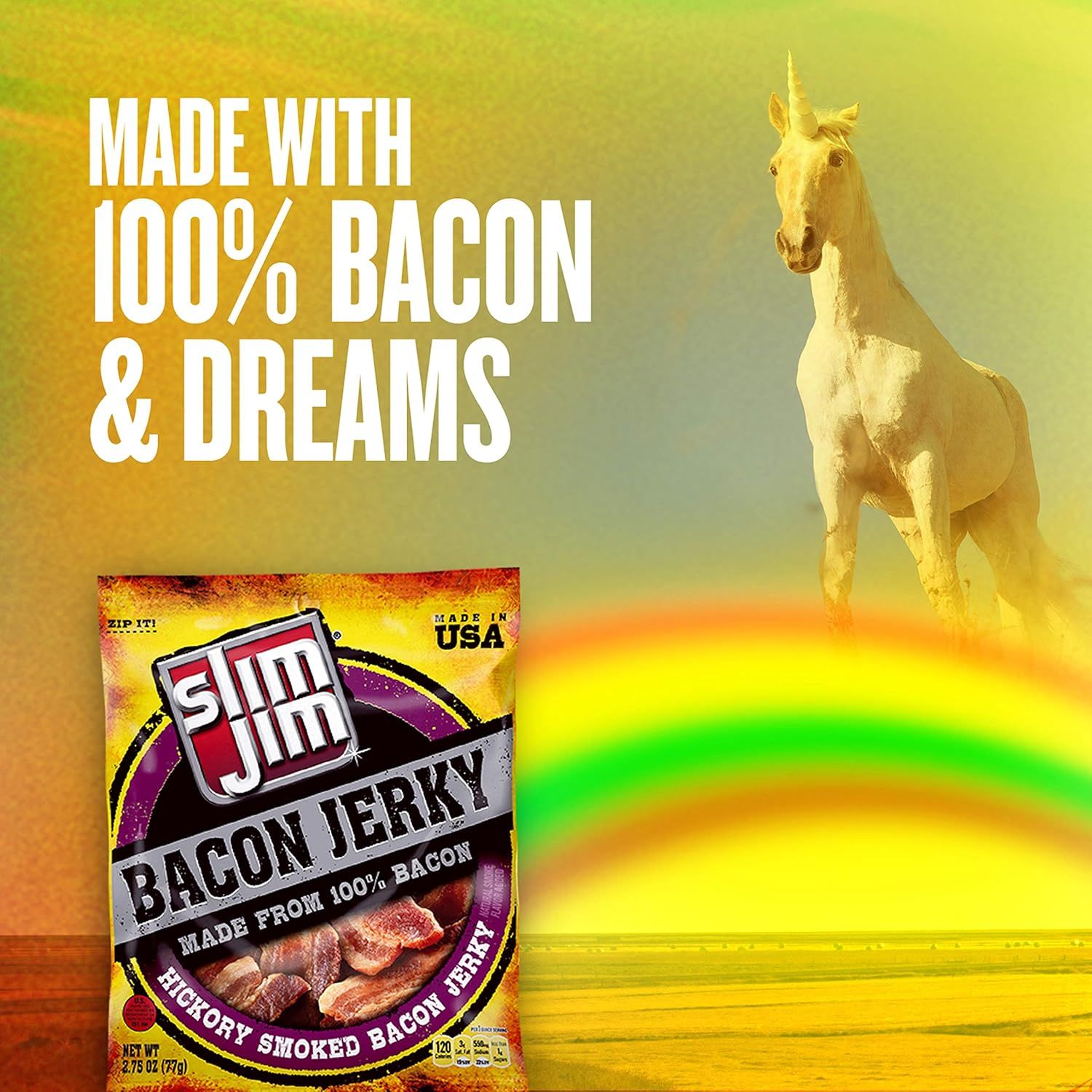 Communicates the product's key ingredient claim (100% bacon) and origin in a humorous, attention-grabbing way using whimsical imagery to create emotional appeal and memorability.