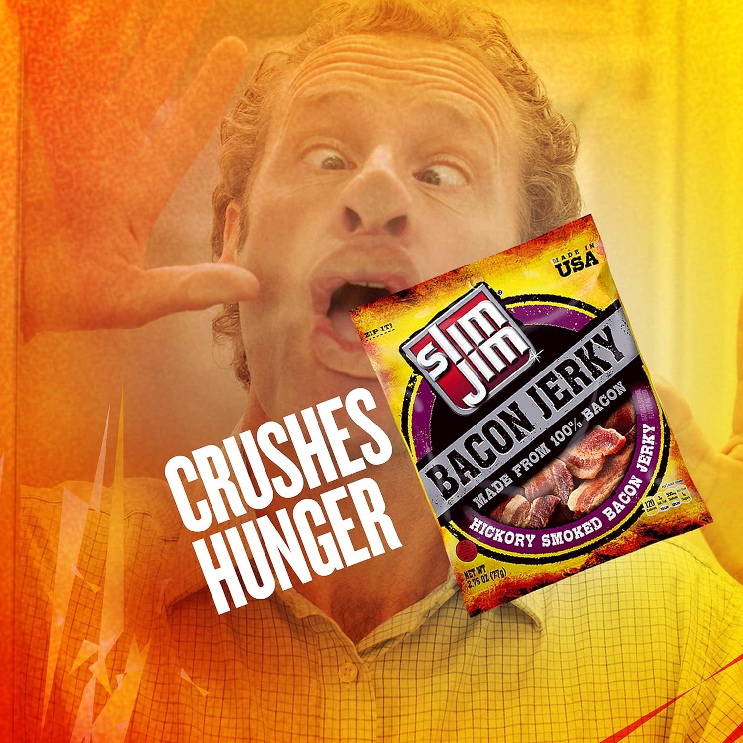 Communicates that the product is satisfying and filling enough to crush hunger, using bold text and an expressive lifestyle photo to create emotional appeal.