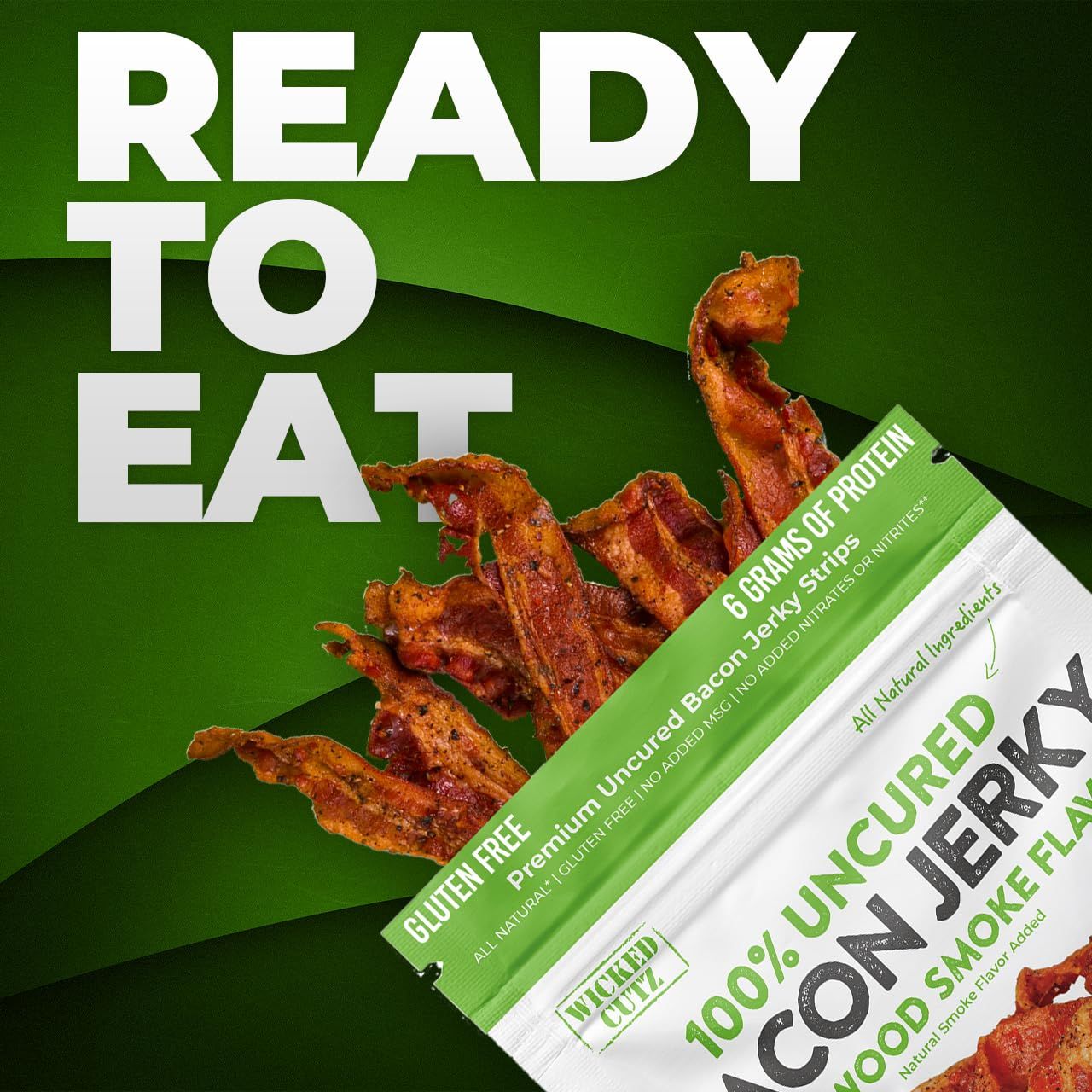 Communicates the convenience and health benefits of the bacon jerky strips, emphasizing they are ready to eat, gluten-free, and high in protein to appeal to health-conscious shoppers.