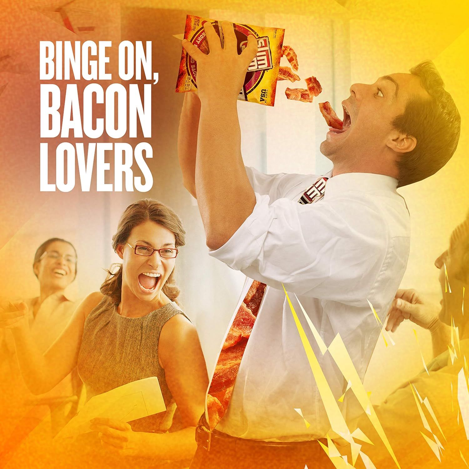 Creates an emotional connection by showing the product being enjoyed in a fun, celebratory social setting with excited people, positioning the bacon product as part of joyful moments.