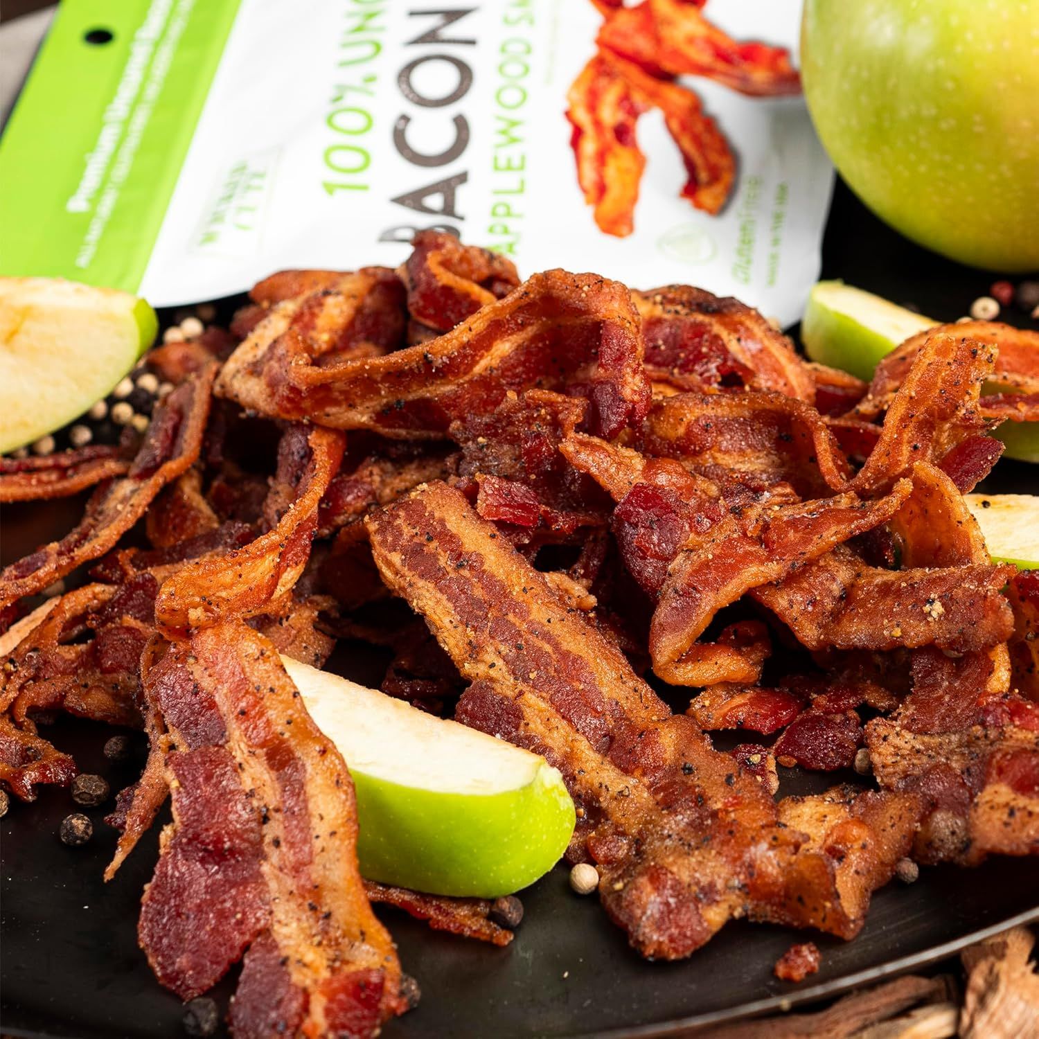 Showcases the bacon product in an appetizing, real-world context with fresh ingredients to help shoppers visualize the product prepared and ready to enjoy.