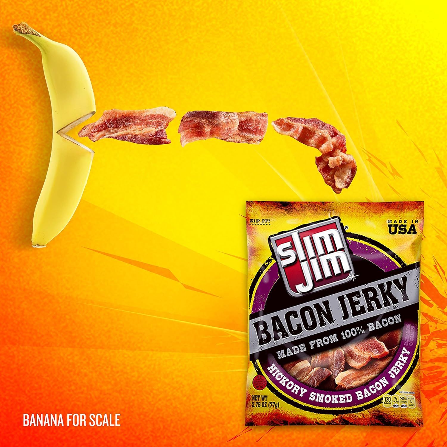 Demonstrates the actual size of the bacon jerky pieces by using a universally recognizable banana as a reference object, helping shoppers understand the product dimensions.