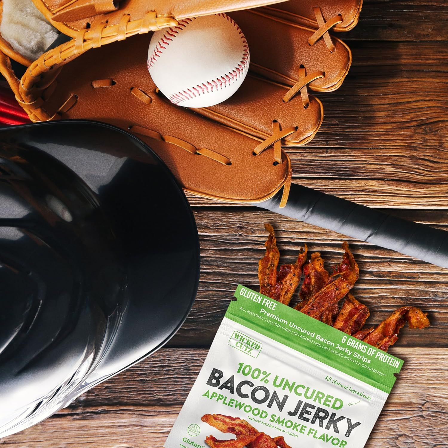 Positions the bacon jerky as a convenient, high-protein snack for active lifestyles and sporting events, creating an emotional connection with baseball fans and athletes.
