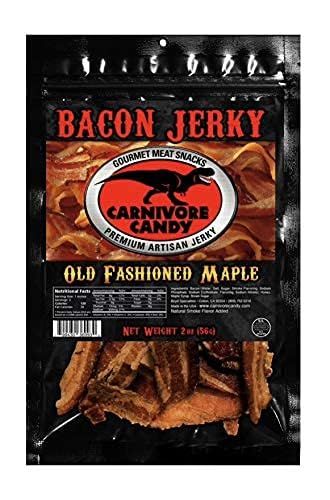 Provides a clean, catalog-style view of the bacon jerky product packaging to show shoppers exactly what they will receive.