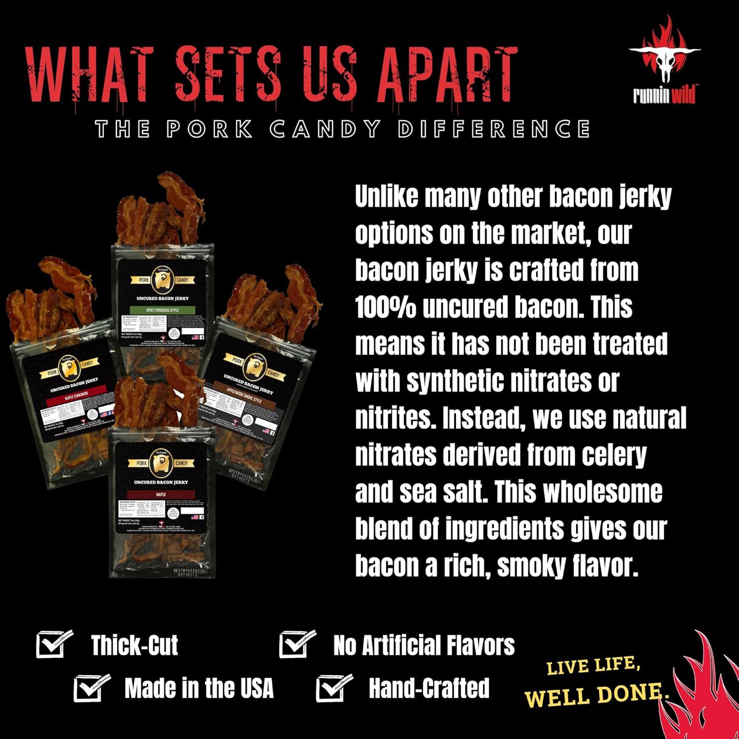 Differentiates the brand's bacon jerky from competitors by emphasizing that it uses 100% uncured bacon with natural nitrates from celery and sea salt instead of synthetic chemicals, positioning it…