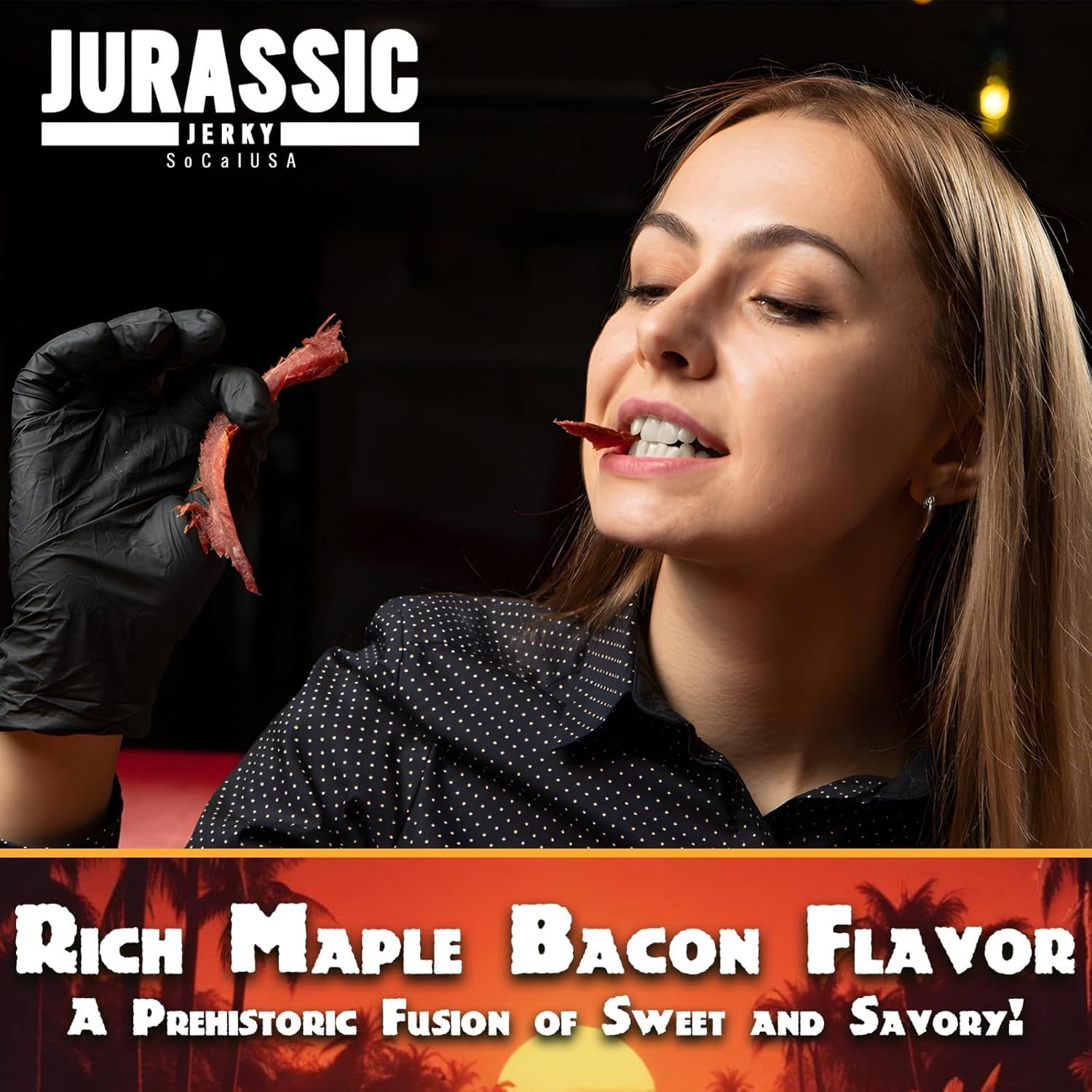 Communicates the unique flavor profile of the jerky—a sweet and savory maple bacon taste—to entice shoppers with a distinctive and appealing flavor experience.