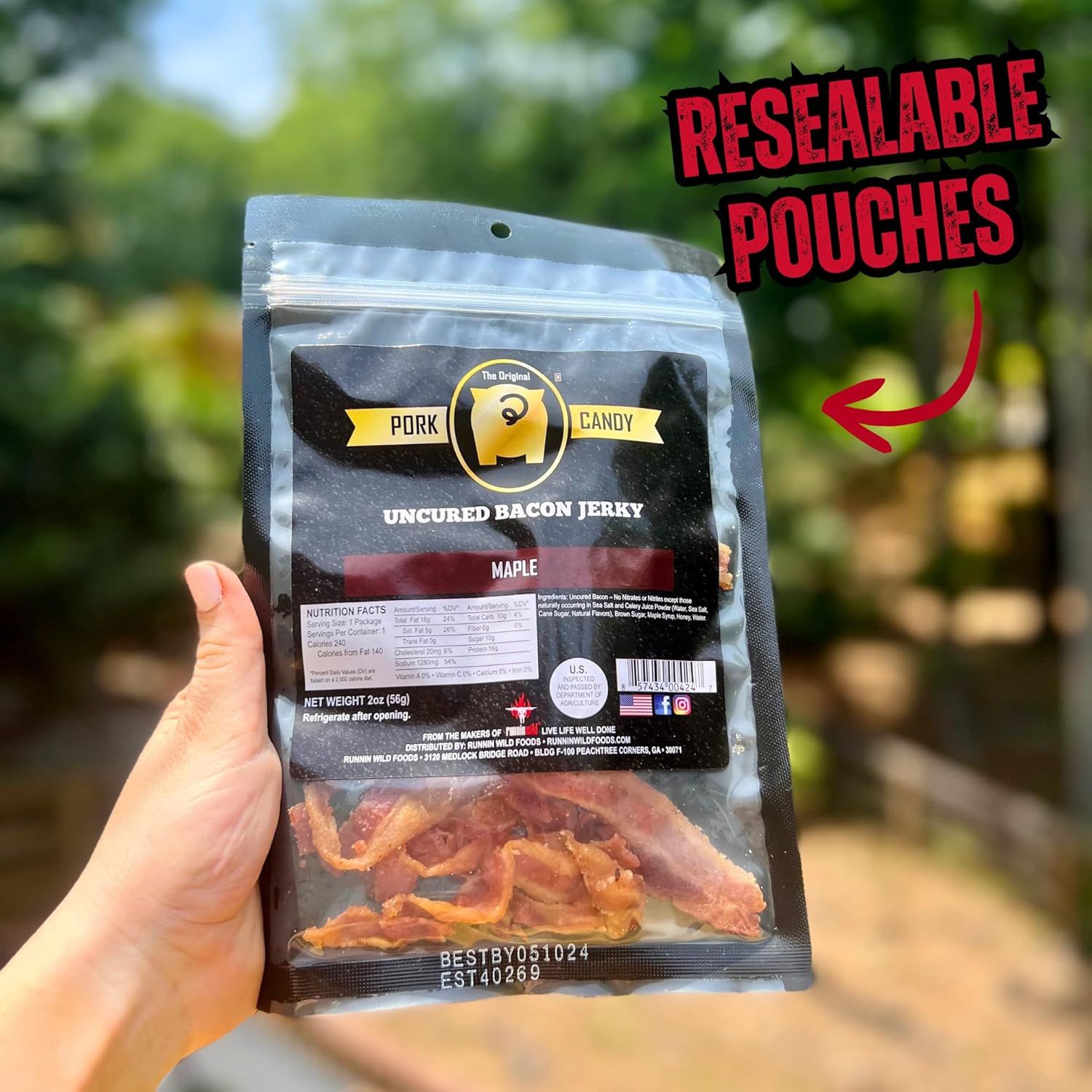 Highlights the resealable pouch feature to communicate convenience and freshness preservation for the bacon jerky product.
