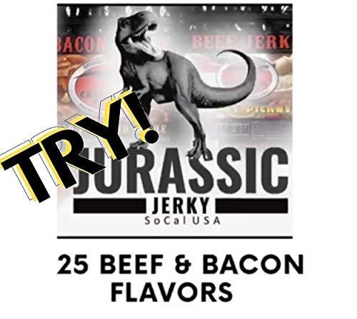 Communicates the brand name 'Jurassic Jerky' with distinctive dinosaur imagery and highlights the variety of flavors available (25 beef & bacon flavors) to showcase the product line breadth.
