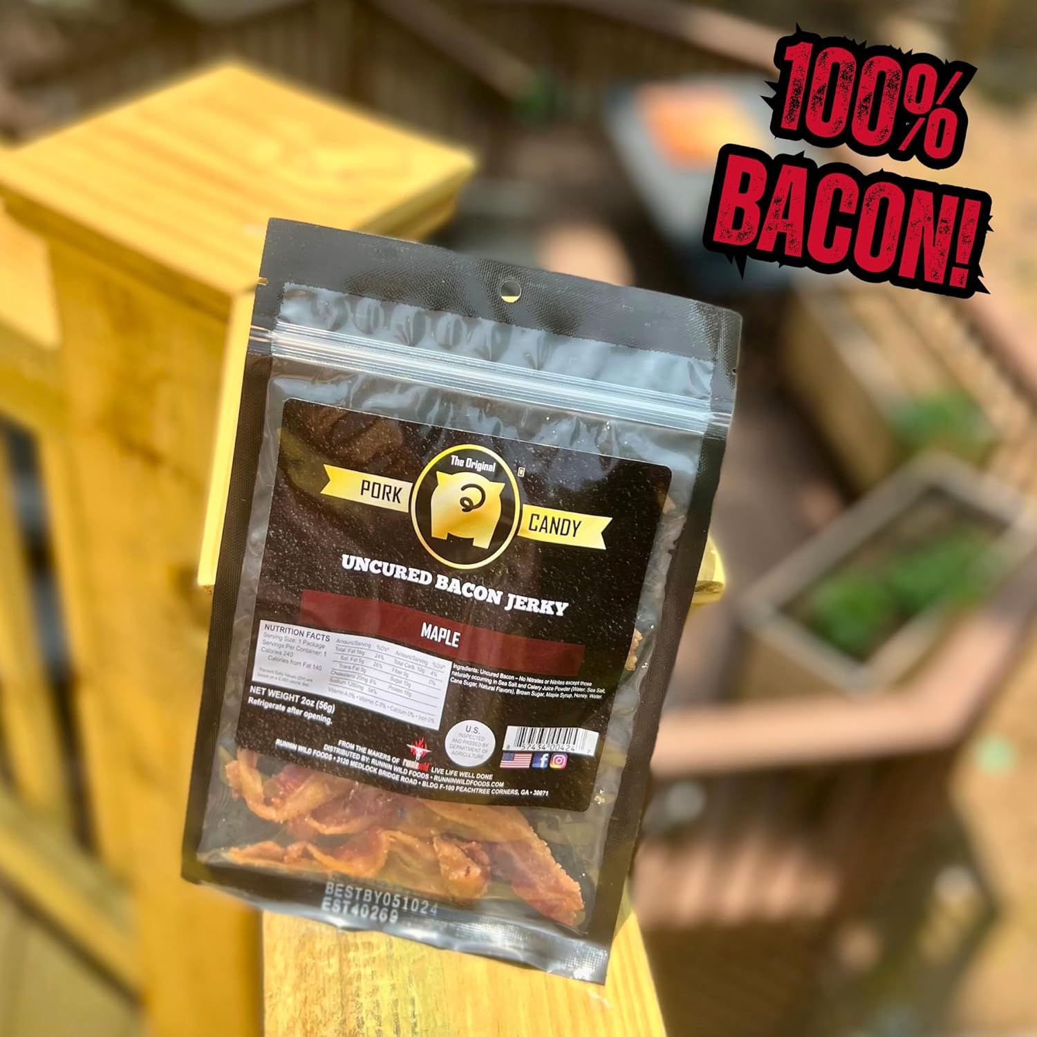 Emphasizes that the product is made from 100% real bacon to appeal to shoppers looking for authentic, quality meat snacks.