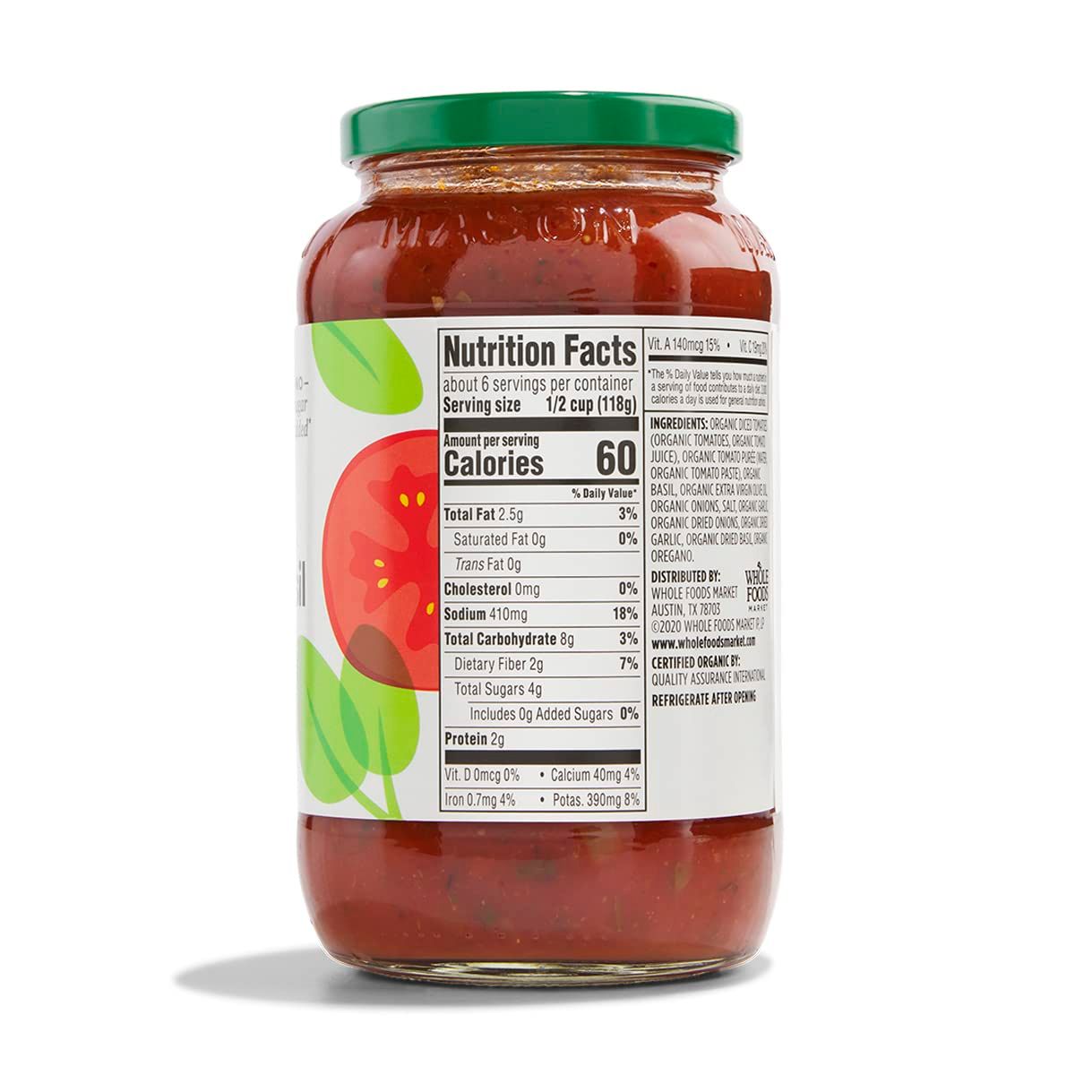 Provides a clean, catalog-style view of the product showing the nutrition facts panel and ingredients list for shoppers to review nutritional information and organic certification details.