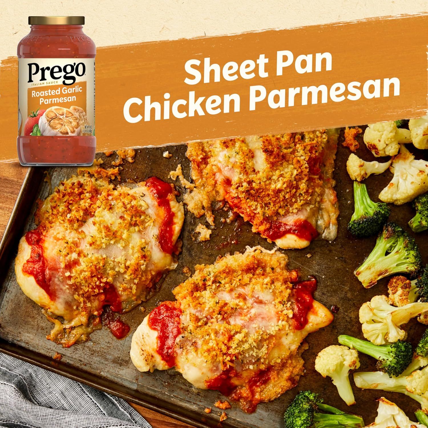Demonstrates a specific recipe use case for the Prego Roasted Garlic Parmesan sauce, showing shoppers how the product can be used to create an appealing meal.