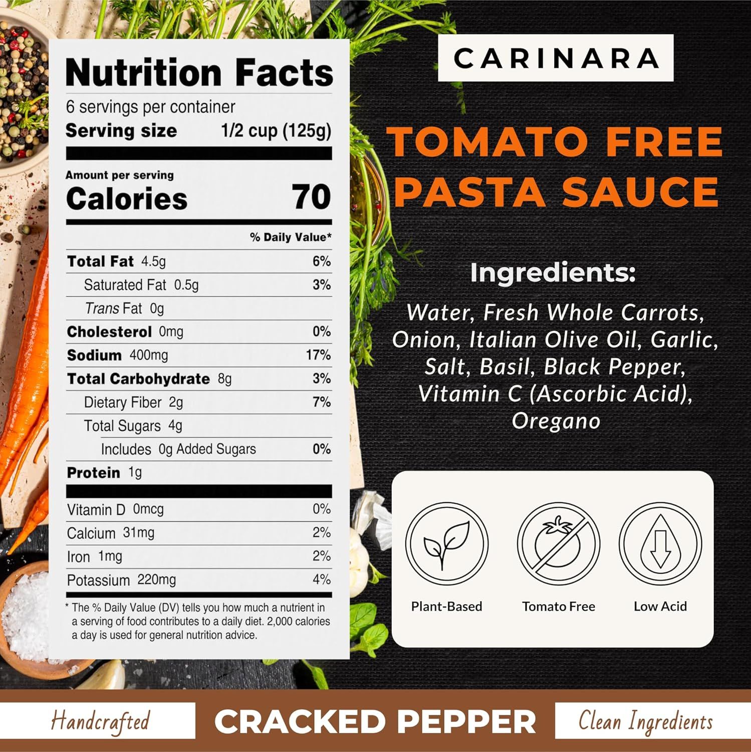 Communicates multiple selling benefits of the pasta sauce including its plant-based nature, tomato-free formulation, low acidity, clean ingredient list, and handcrafted quality to appeal to…