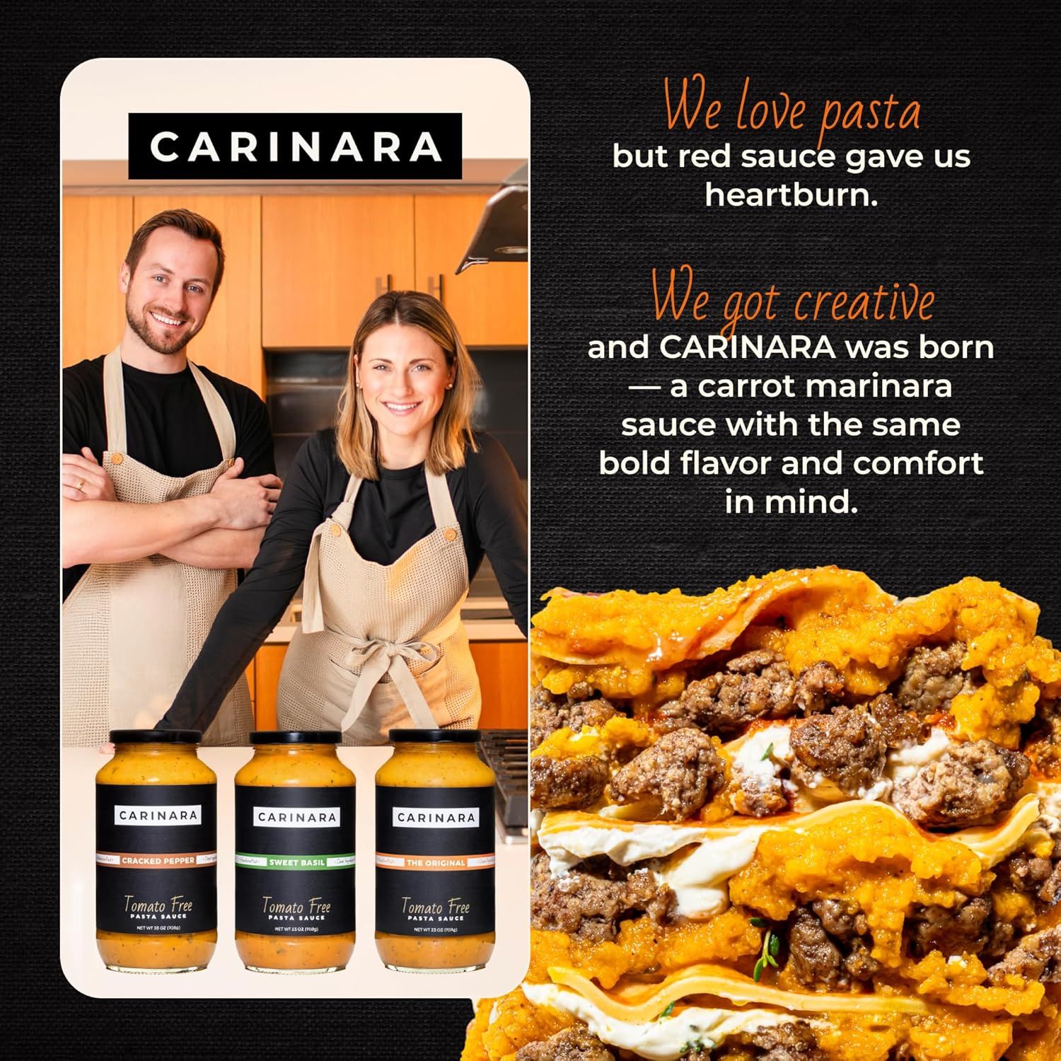 Communicates the brand's origin story and emotional connection to the founders while showcasing the product line of tomato-free pasta sauces, building trust and brand identity.