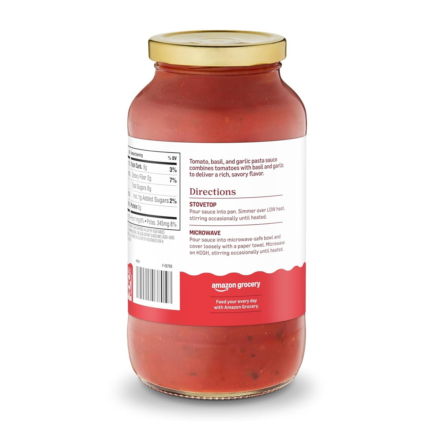 Provides a clean, catalog-style view of the pasta sauce jar showing the product label, nutritional information, and directions for shoppers to understand what they're purchasing.